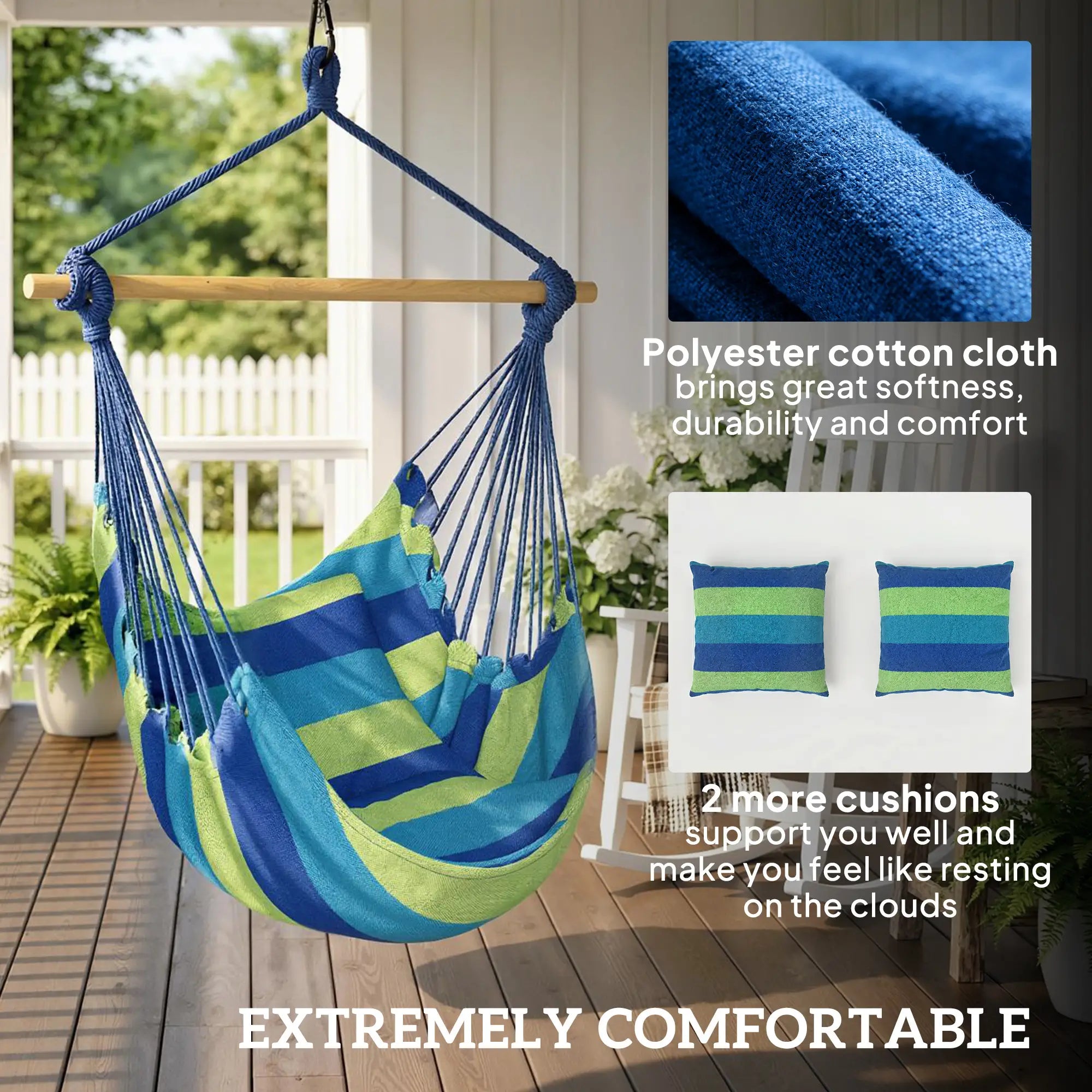 Hanging Macrame Chair, Two Soft Seat Cushions, Blue Green Hanging Porch Swings at Gallery Canada