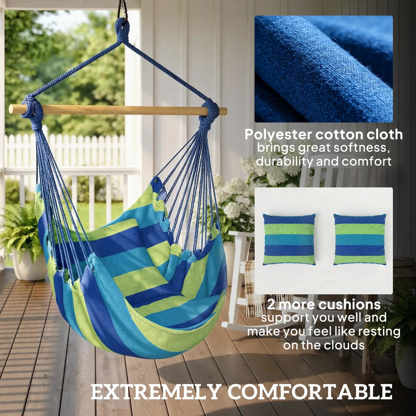 Hanging Macrame Chair, Two Soft Seat Cushions, Blue Green Hanging Porch Swings at Gallery Canada