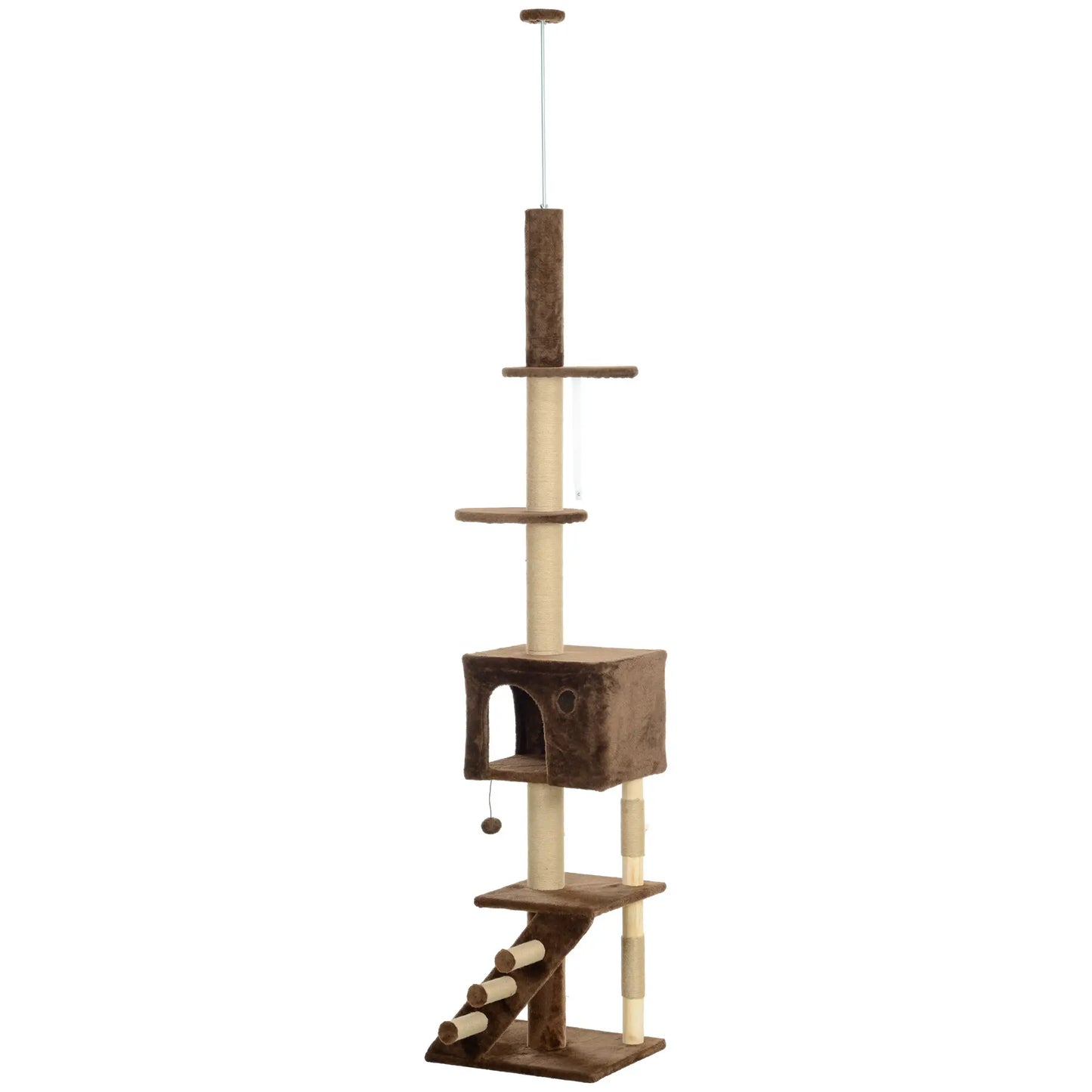89"-104" Cat Tree with Scratching Post, Cat House, 3-Steps, Hanging Ball, Brown Floor to Ceiling Cat Trees Brown at Gallery Canada