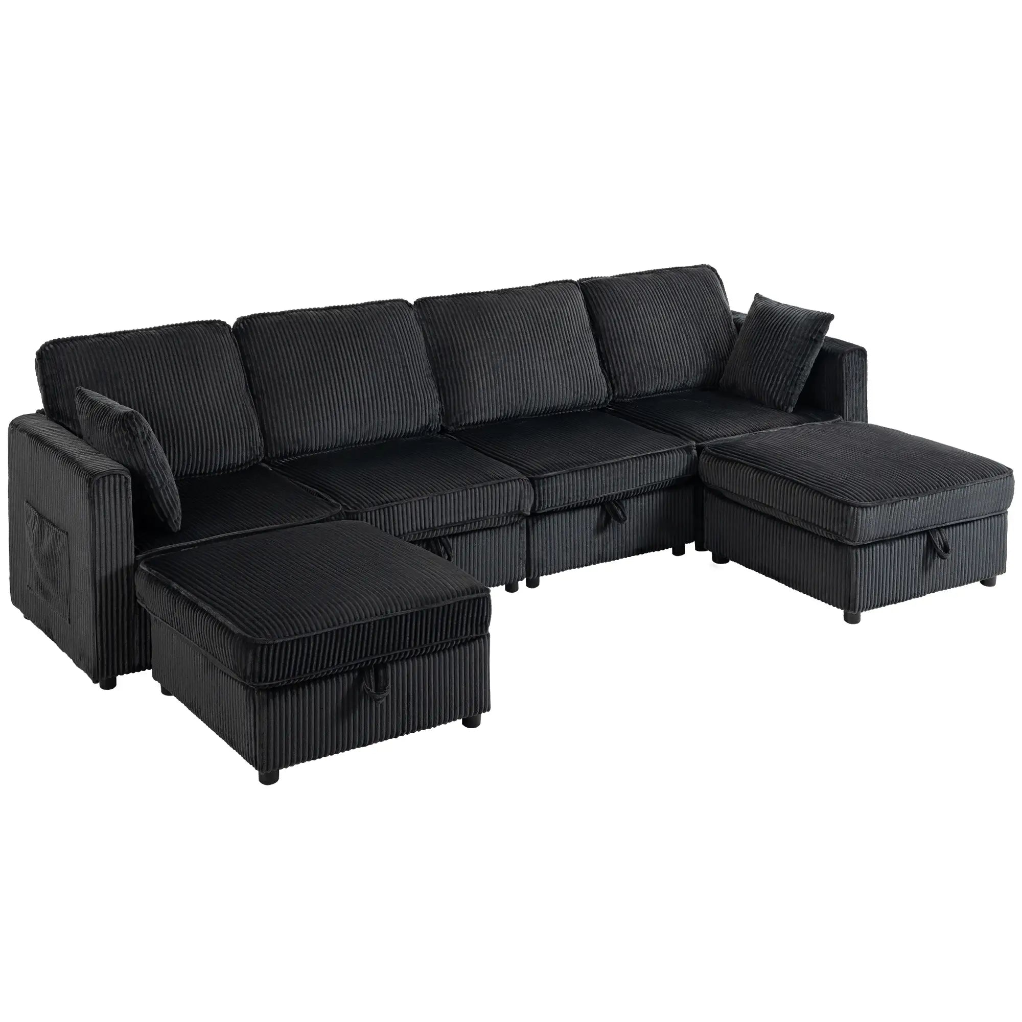 Modular U-Shaped Corduroy Sofa, Dual Storage Ottoman, 4 Pillows, Dark Grey L Shaped Couchs at Gallery Canada