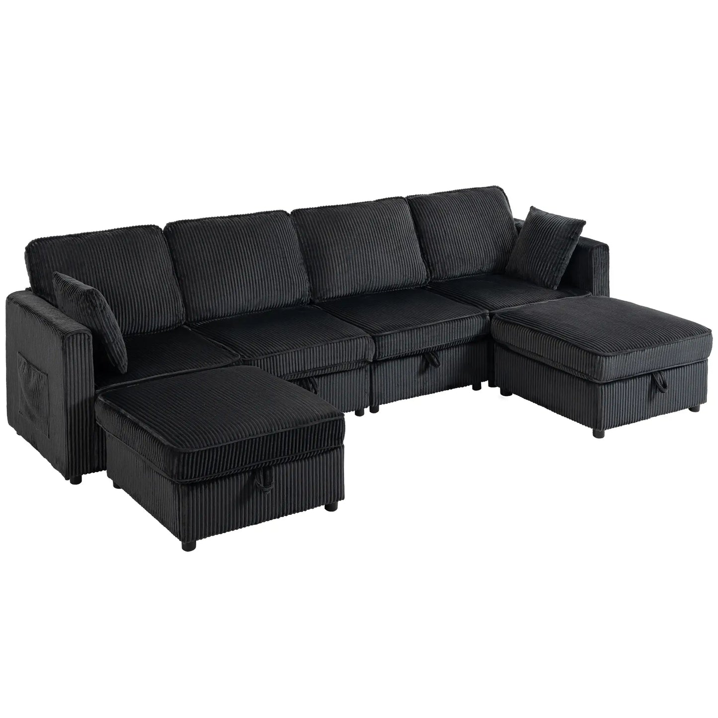 Modular U-Shaped Corduroy Sofa, Dual Storage Ottoman, 4 Pillows, Dark Grey L Shaped Couchs at Gallery Canada