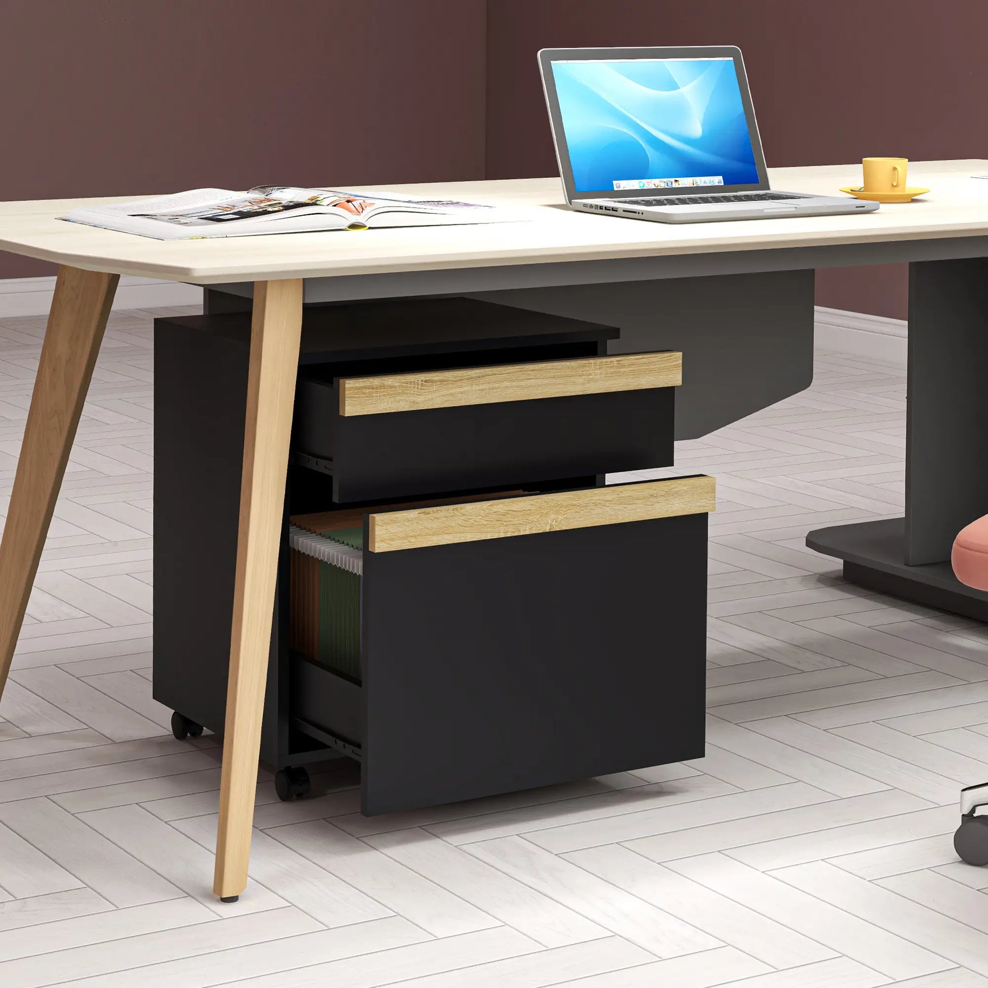 Mobile Filing Cabinet, 2 Drawers, 5 Wheels, Wood Grain, Black Office Cabinets & Cupboards at Gallery Canada