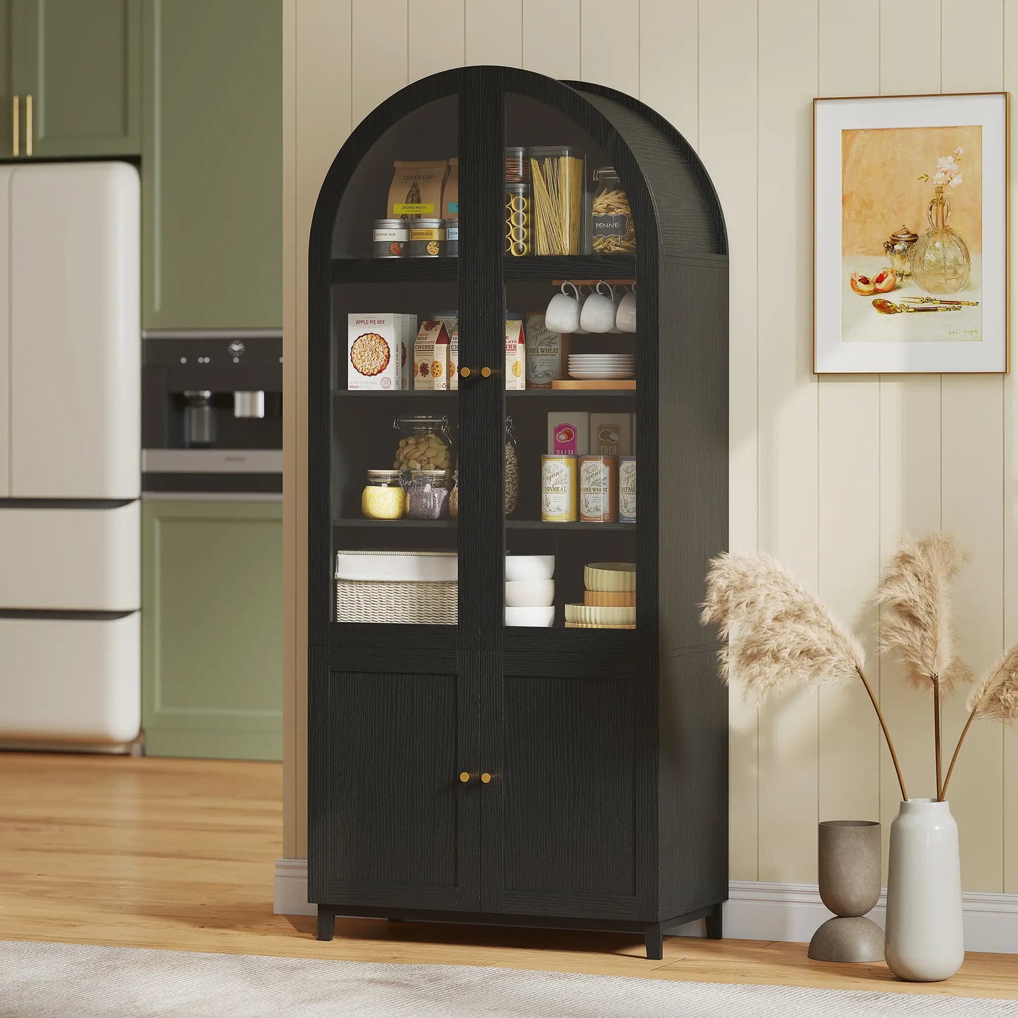 Arched Kitchen Pantry Cabinet, 71" Tall, Adjustable Shelves, Acrylic Doors, Black Kitchen Pantry Cabinets at Gallery Canada