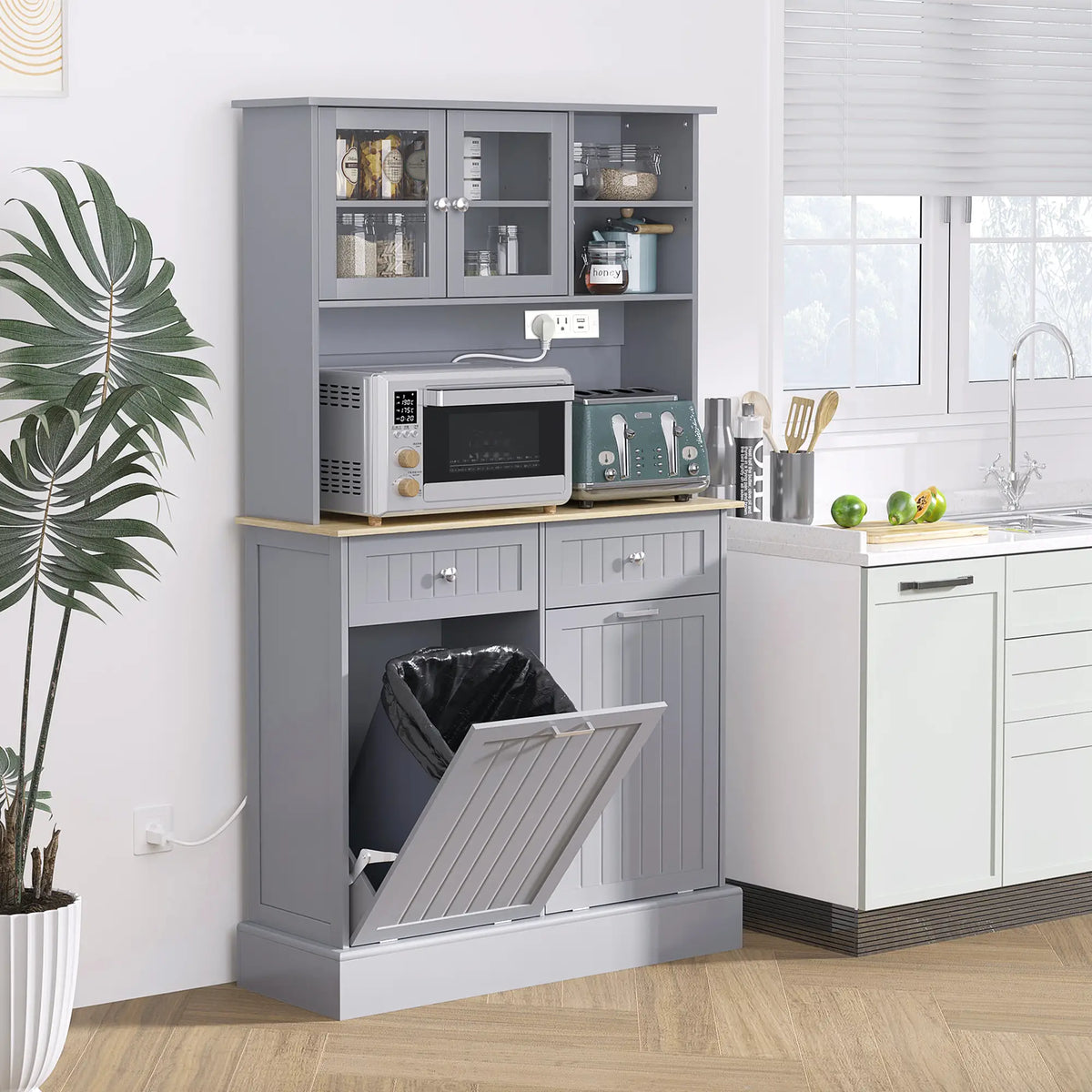 Kitchen Cabinet with Charging Station, 2 Tilt Out Cabinets, Microwave Stand, Grey Kitchen Pantry Cabinets at Gallery Canada