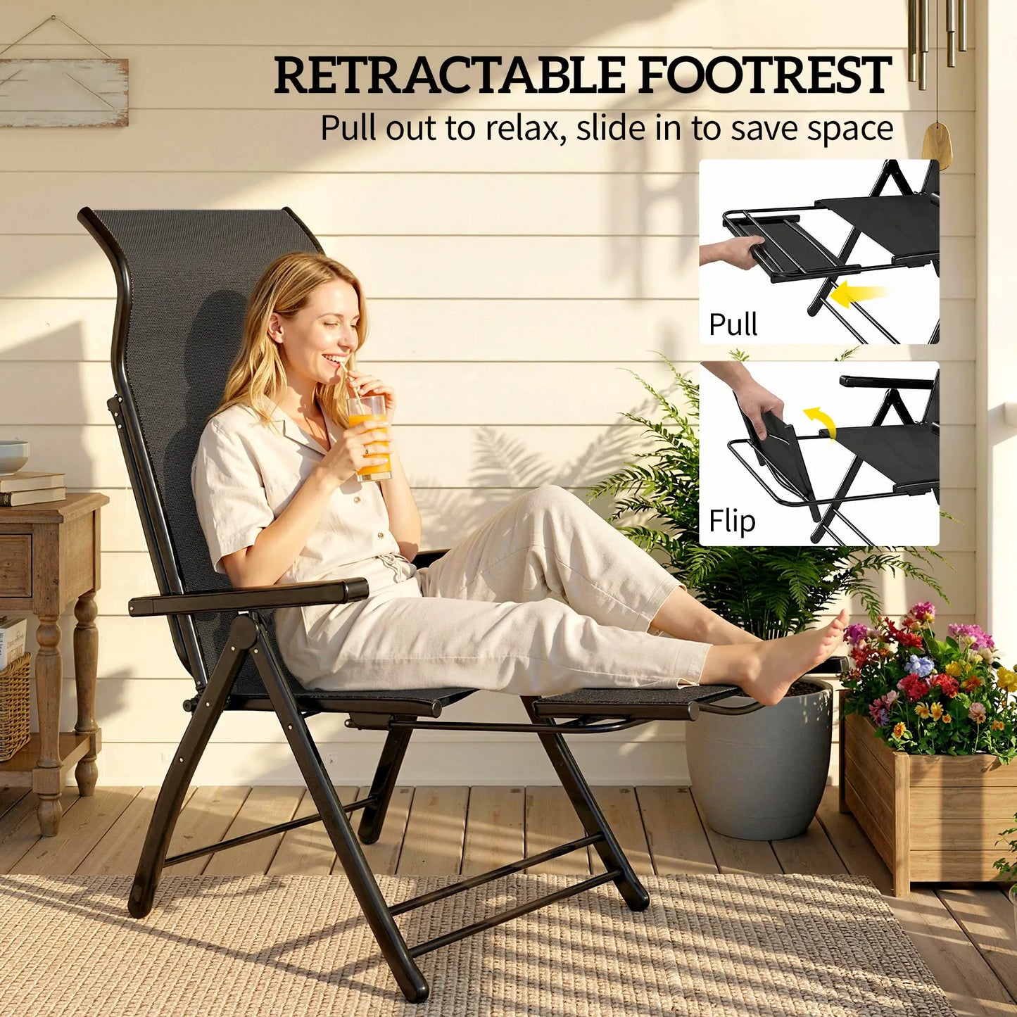 Folding Patio Chairs Set of 2, 5-Position Outdoor Lounge Chairs, Black Lounger Chairs at Gallery Canada