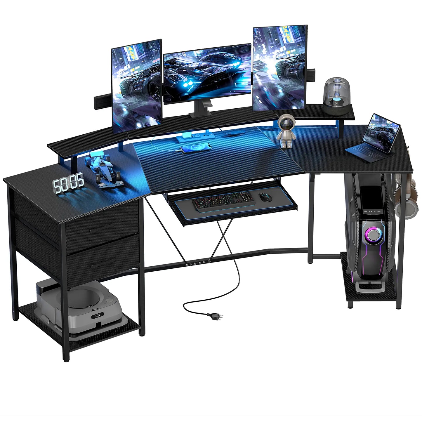 79 Inch Gaming Desk With RGB Lights, Power Outlets, USB Ports, Keyboard Tray, 2 Drawers, Black Gaming Desks at Gallery Canada