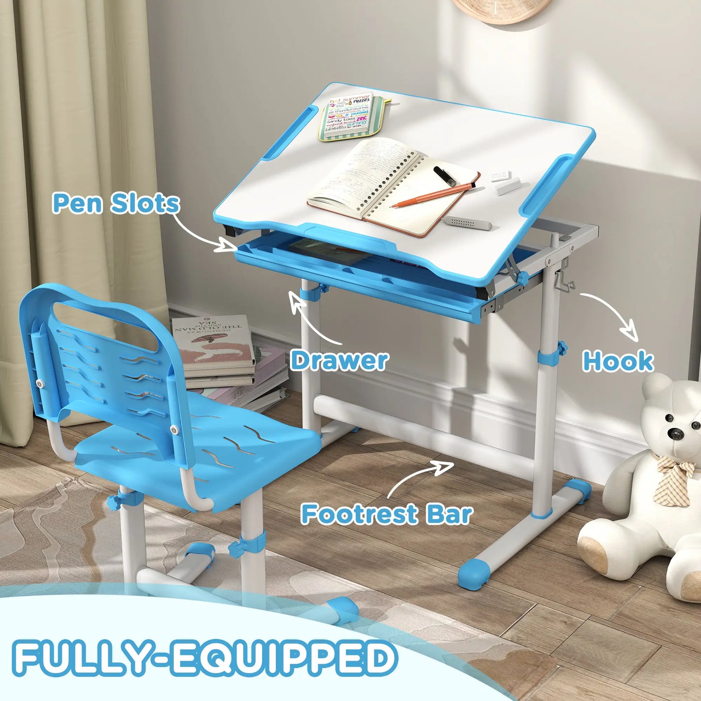 Adjustable Study Table, Chair Set with Drawer, Blue Kids Desk Sets at Gallery Canada