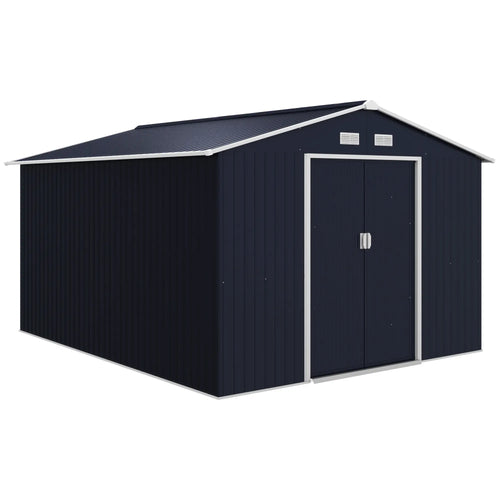 11' x 9' Metal Storage Shed, Garden Tool House, Double Sliding Doors, 4 Air Vents, Dark Grey