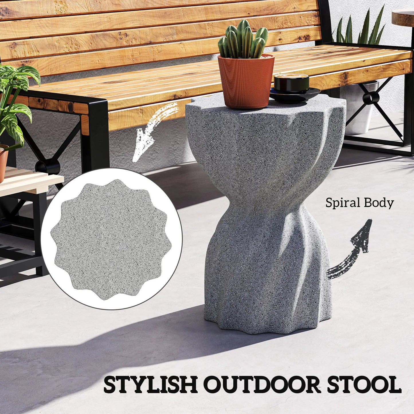 Spiral Garden Stool, Flower Top Outdoor Side Table, Grey Outdoor Benches at Gallery Canada