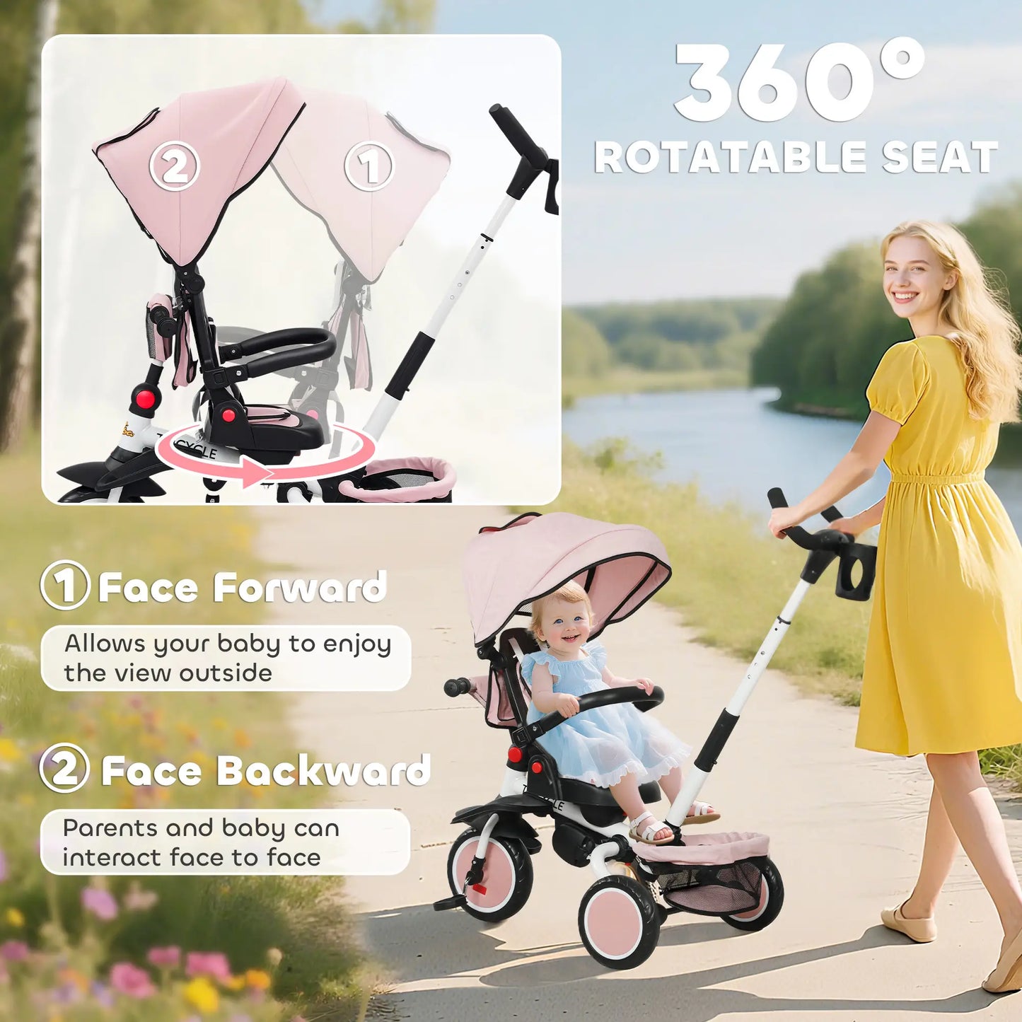 6 in 1 Toddler Tricycle, Push Handle, Removable Canopy, Rotatable Seat, Pink Tricycles for Kids at Gallery Canada
