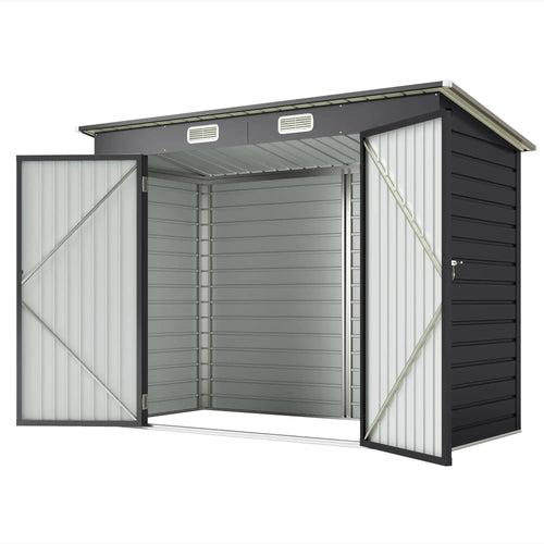 8 x 4FT Galvanized Metal Garden Shed, Double Doors, 2 Vents, Grey