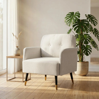 Modern Tufted Accent Chair, Metal Legs, Upholstered Reading Armchair, Cream White Accent Chairs at Gallery Canada