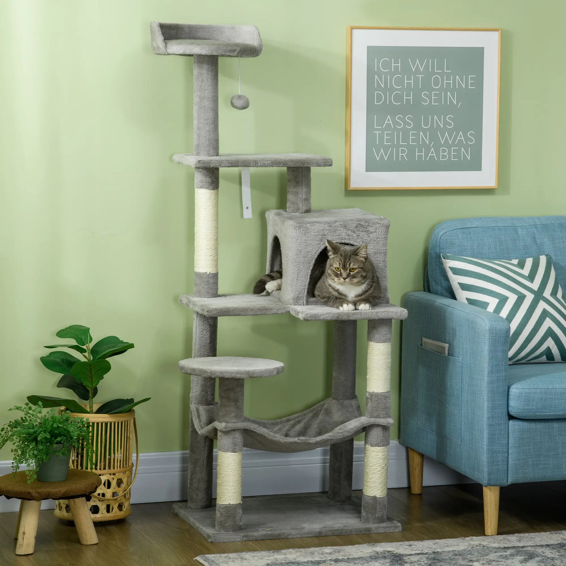 56" Tall Cat Tree, Multi-Level Tower with Hammock, Bed, Condo, Sisal Scratching Posts, Grey Cat Towers at Gallery Canada