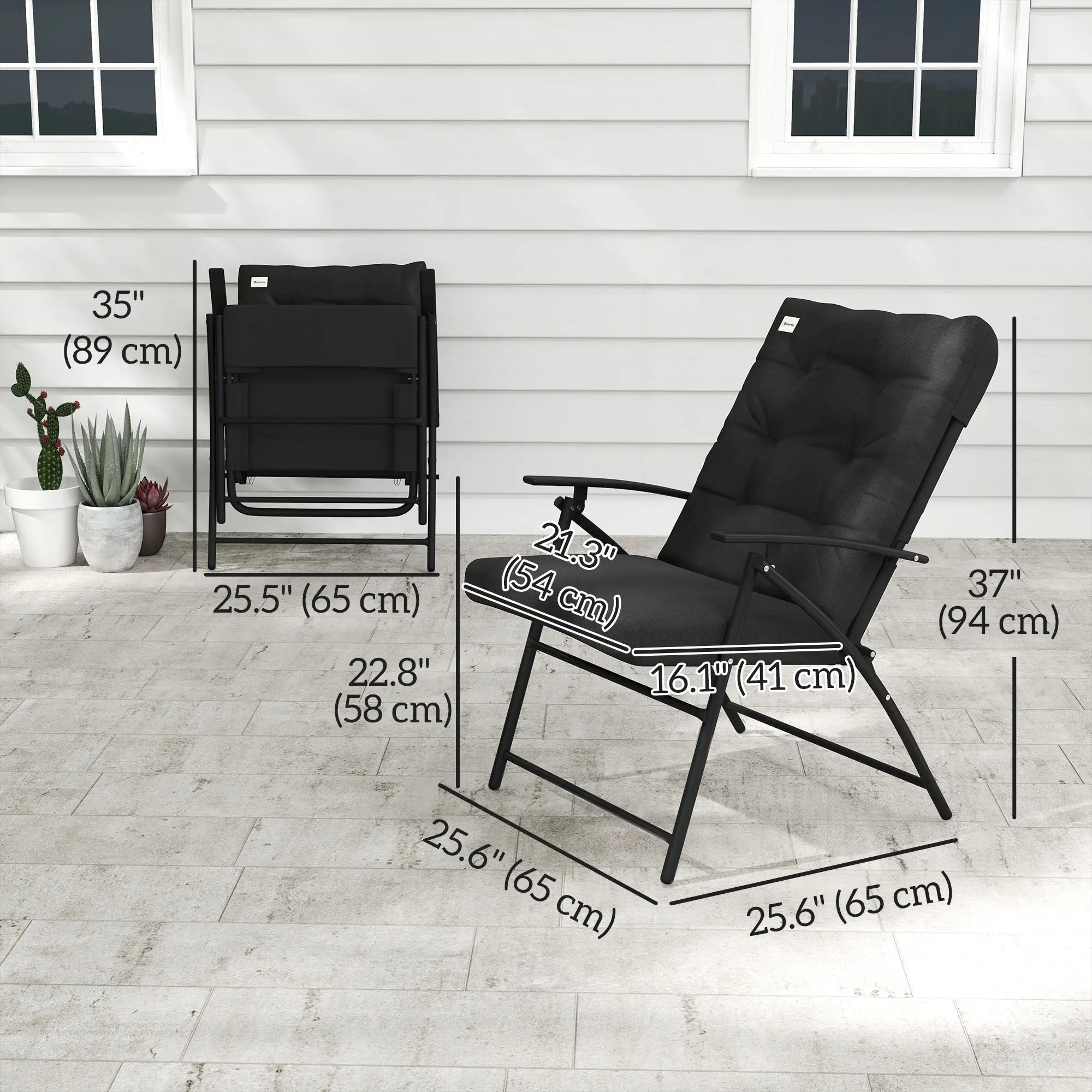 Outdoor Folding Chairs, Adjustable Backrest, Padded, Set of 2, Black Patio Chairs at Gallery Canada