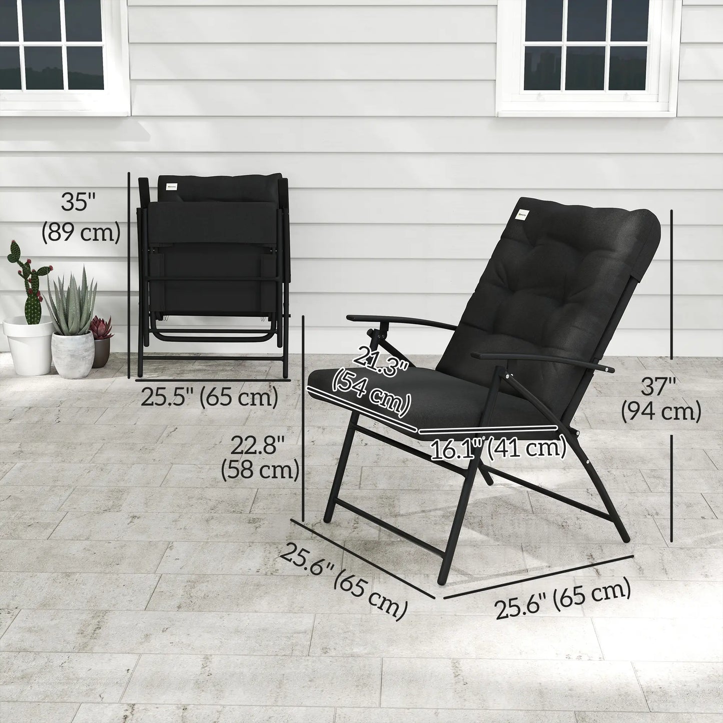 Outdoor Folding Chairs, Adjustable Backrest, Padded, Set of 2, Black Patio Chairs at Gallery Canada