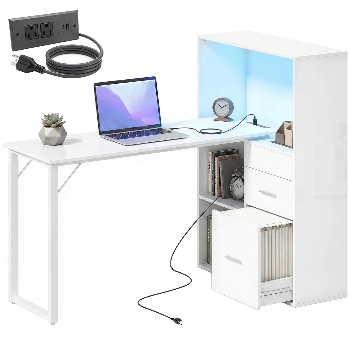 54" Computer Desk With Drawers, Power Outlets, LED Lights, White Computer Desks at Gallery Canada