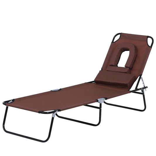 Adjustable Outdoor Lounge Chair, Garden Folding Chaise Lounge w/ Reading Hole Reclining Tanning Chair Seat, Folding Camping Beach Lounging Bed with Support Pillow, Brown at Gallery Canada