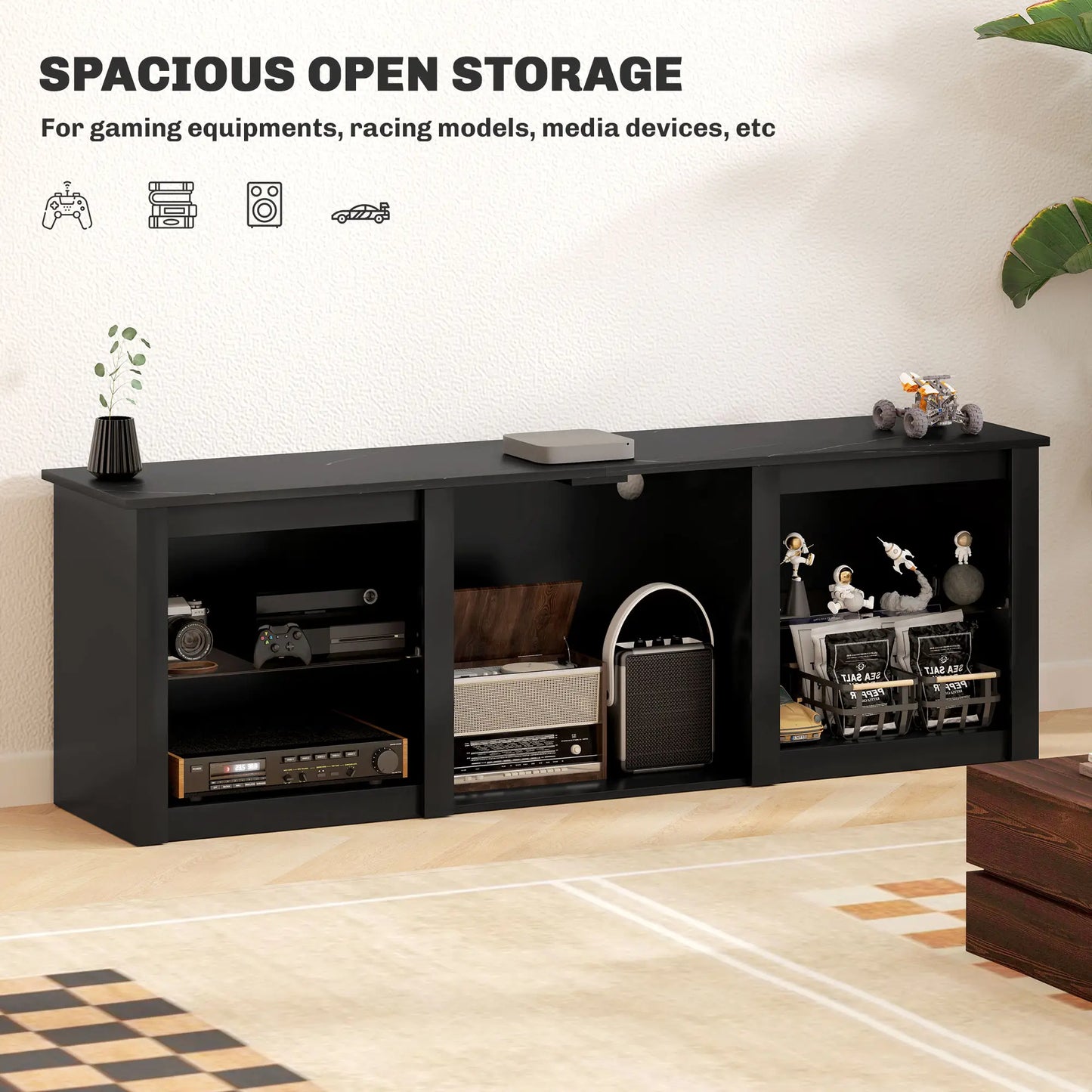 TV Stand With LED Lights, Adjustable Glass Shelves, For 65 Inch TVs, Black TV Stands at Gallery Canada