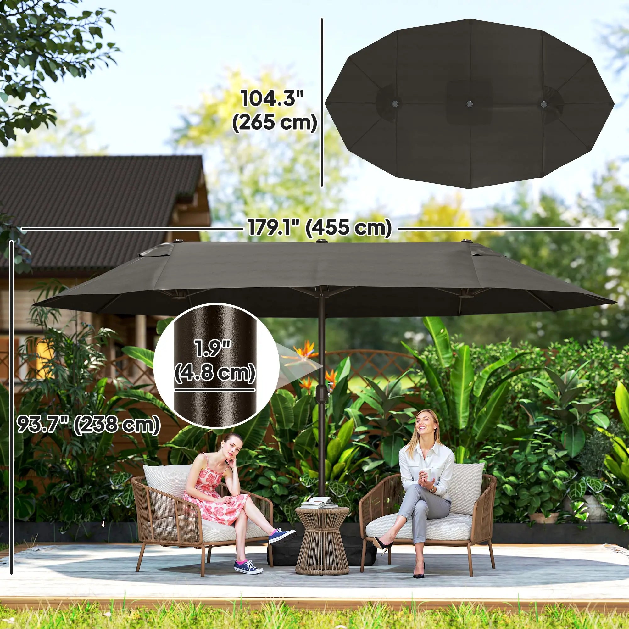 15' Outdoor Patio Umbrella, Twin Canopy Sunshade, Steel Table, Lift Crank, Dark Grey Sun Umbrellas at Gallery Canada