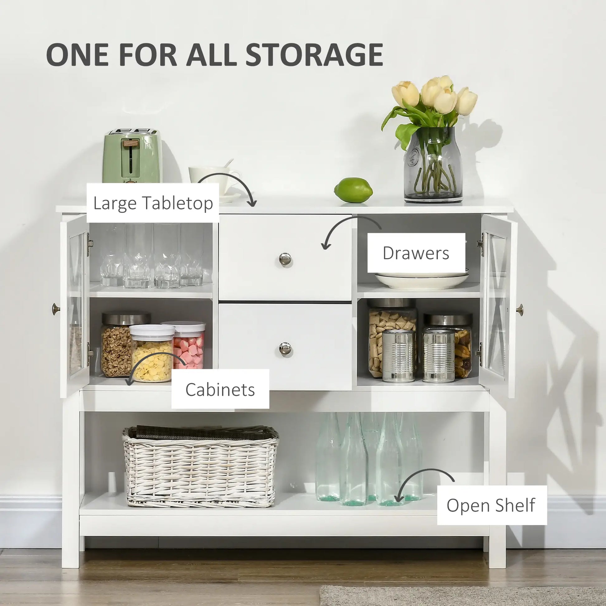 Modern Sideboard, Glass Door Buffet Cabinet, Adjustable Shelves, White Bar Cabinets at Gallery Canada