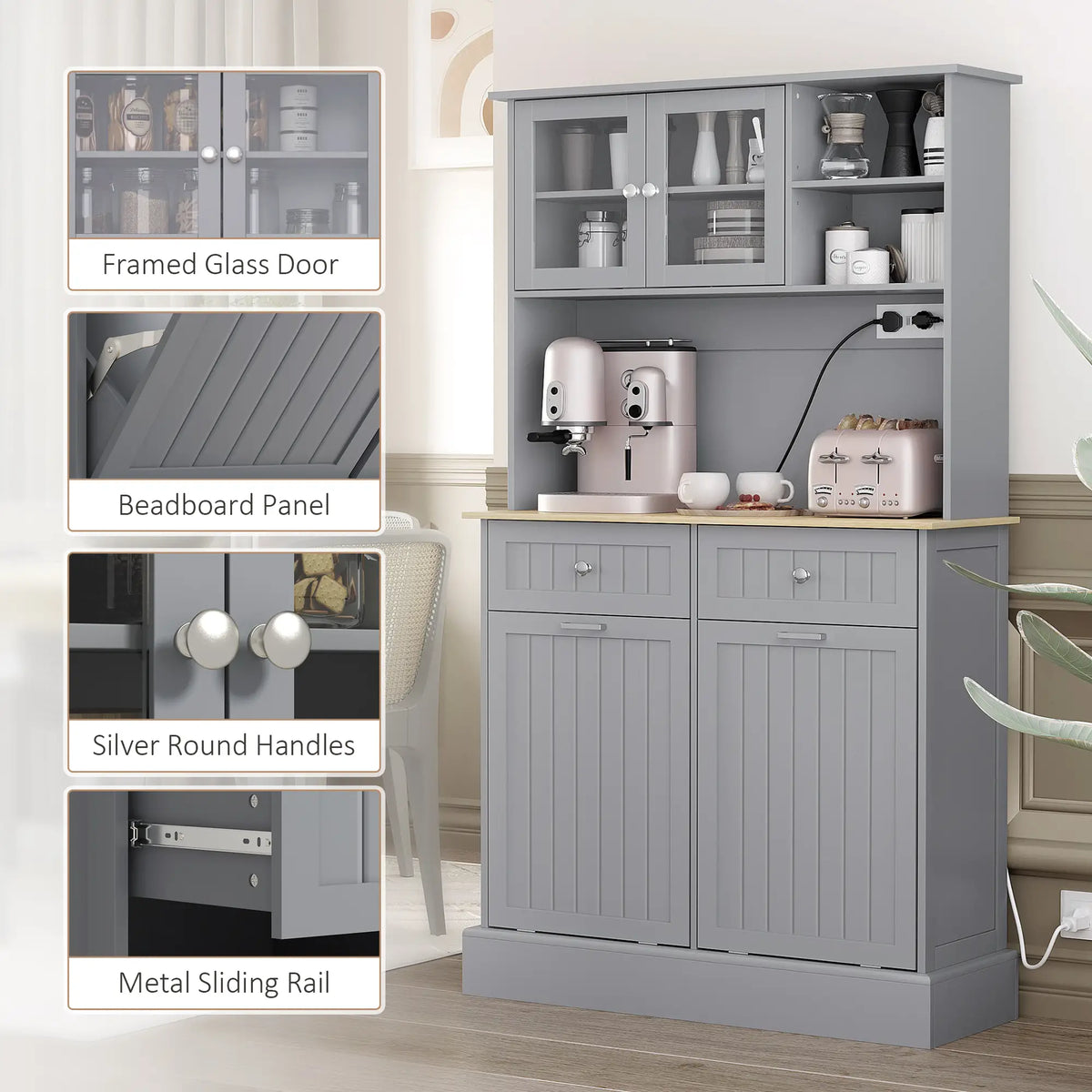 Kitchen Cabinet with Charging Station, 2 Tilt Out Cabinets, Microwave Stand, Grey Kitchen Pantry Cabinets at Gallery Canada