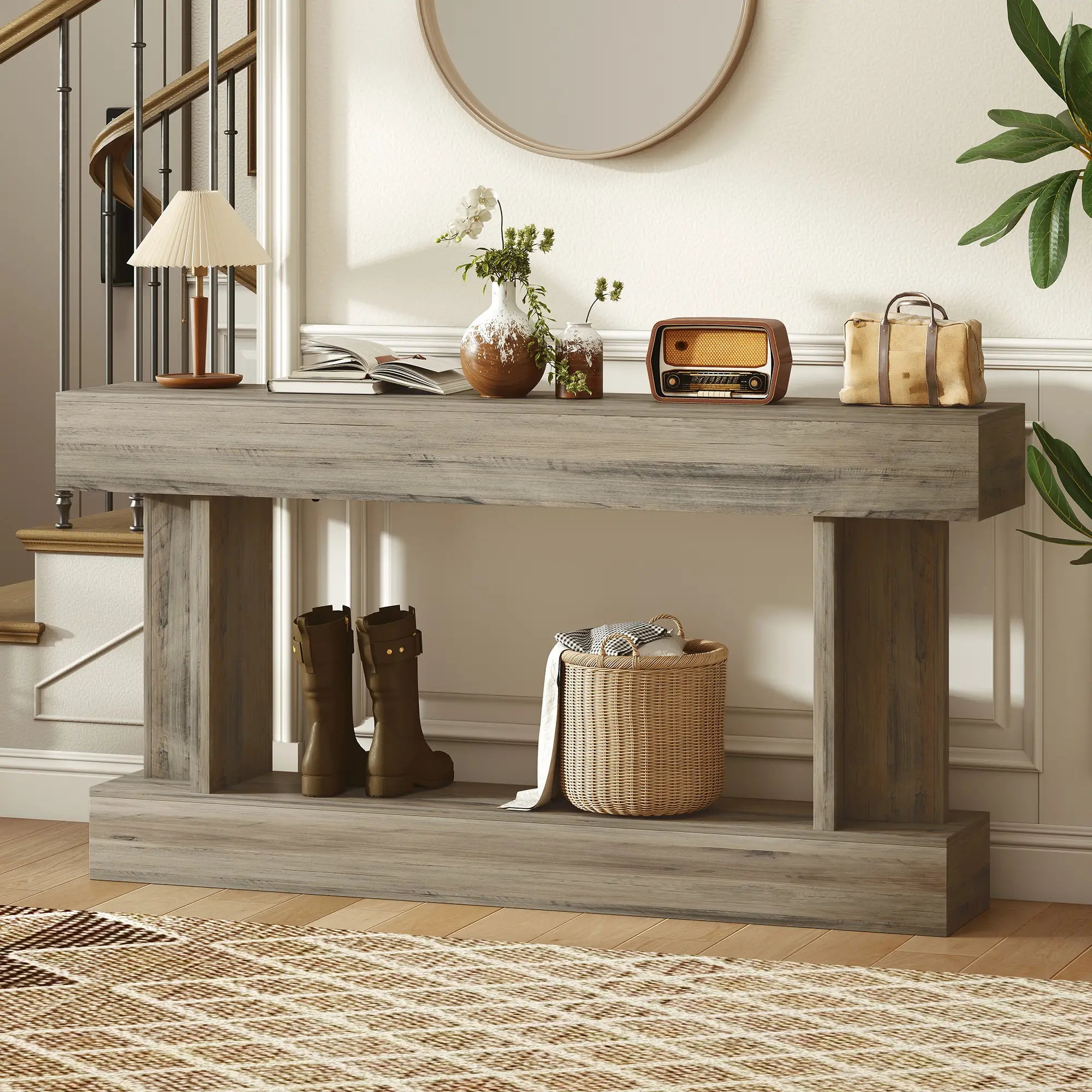 63 Inch Console Table, Vintage Narrow with Storage Shelf, Light Brown Console Tables at Gallery Canada