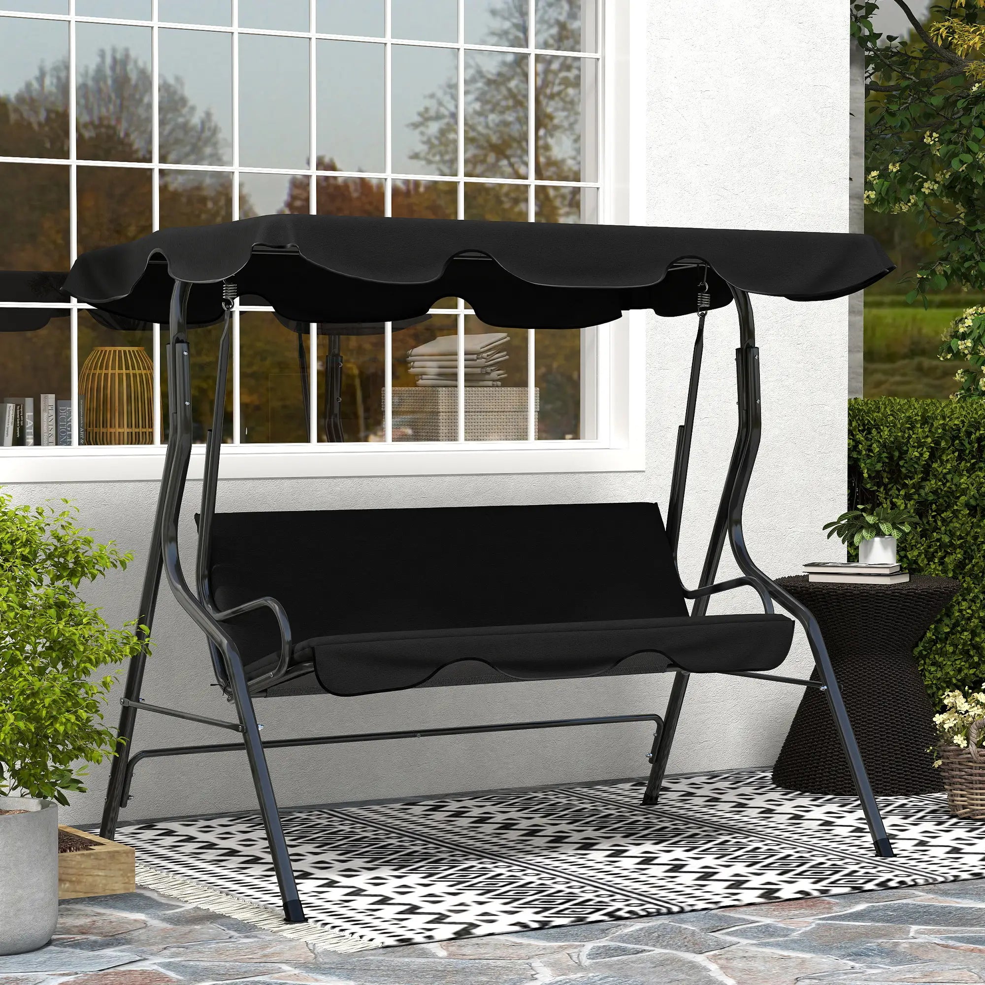 Outdoor Porch Swing, Adjustable Canopy, 3-Seater Patio Chair With Cushion, Black Porch Swings with Canopy at Gallery Canada