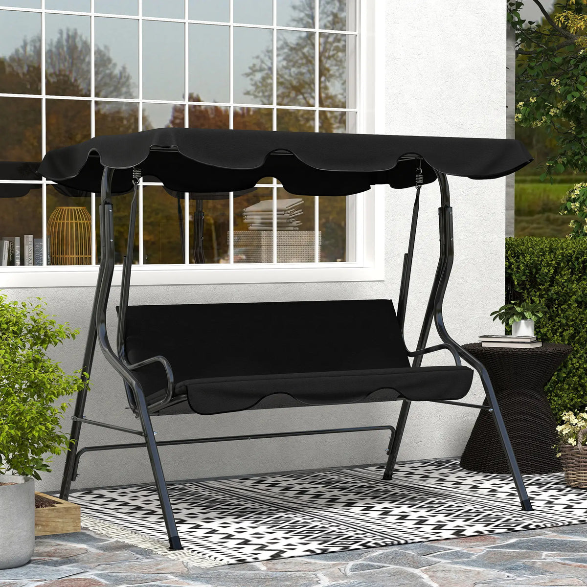Outdoor Porch Swing, Adjustable Canopy, 3-Seater Patio Chair With Cushion, Black Porch Swings with Canopy at Gallery Canada