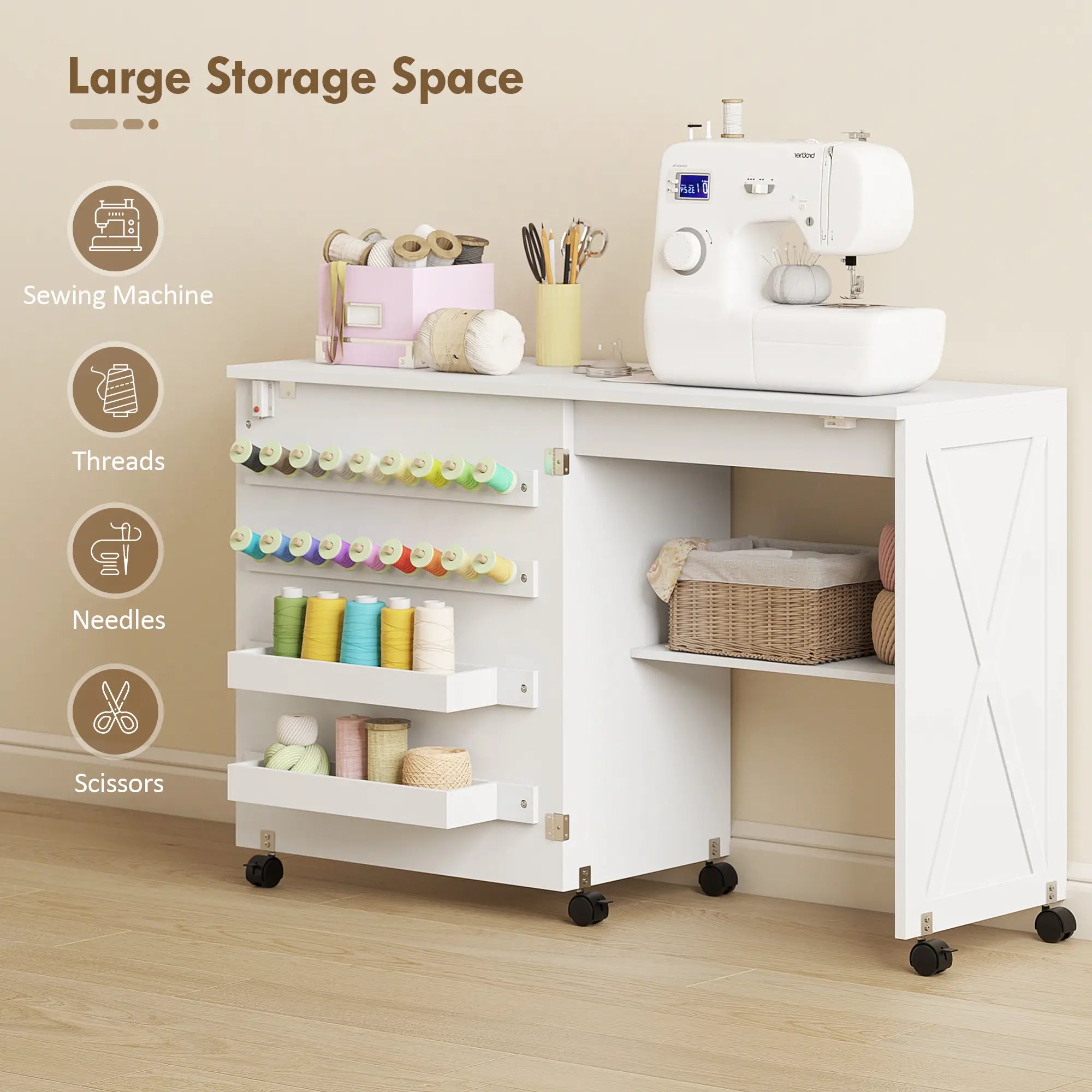 Sewing Machine Table on Wheels, Folding Craft Table with Storage, White Storage Cabinets at Gallery Canada