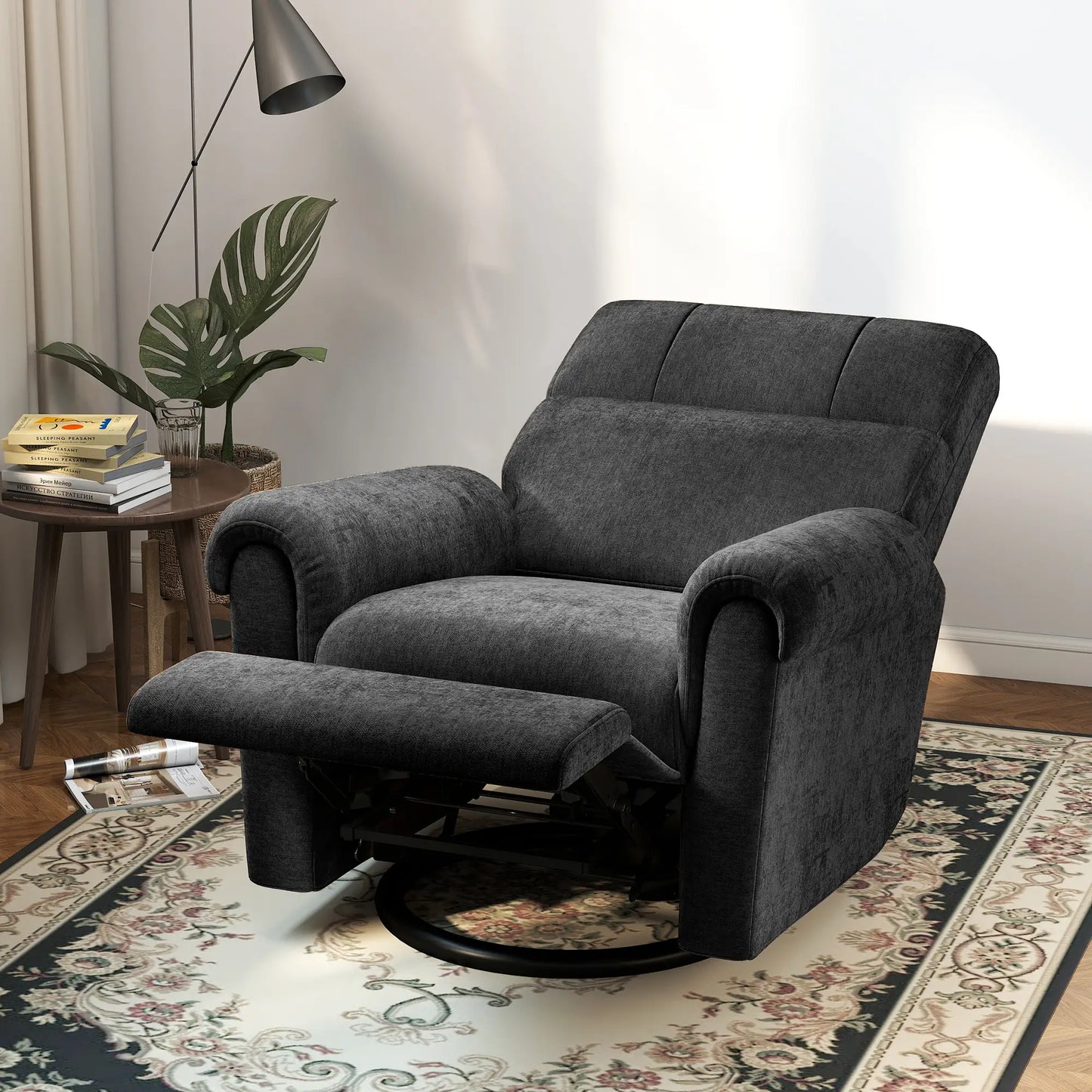Power Recliner Chair, Fabric Upholstered, USB Ports, Swivel Rocking, Footrest, Black Single Sofas at Gallery Canada