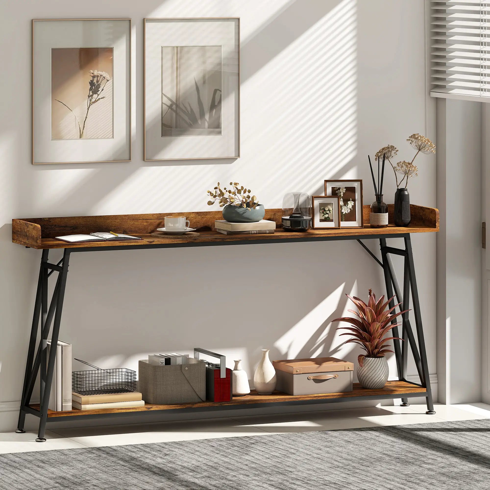 71 Inch Extra Long Console Table with Storage Shelf, Rustic Brown Console Tables at Gallery Canada