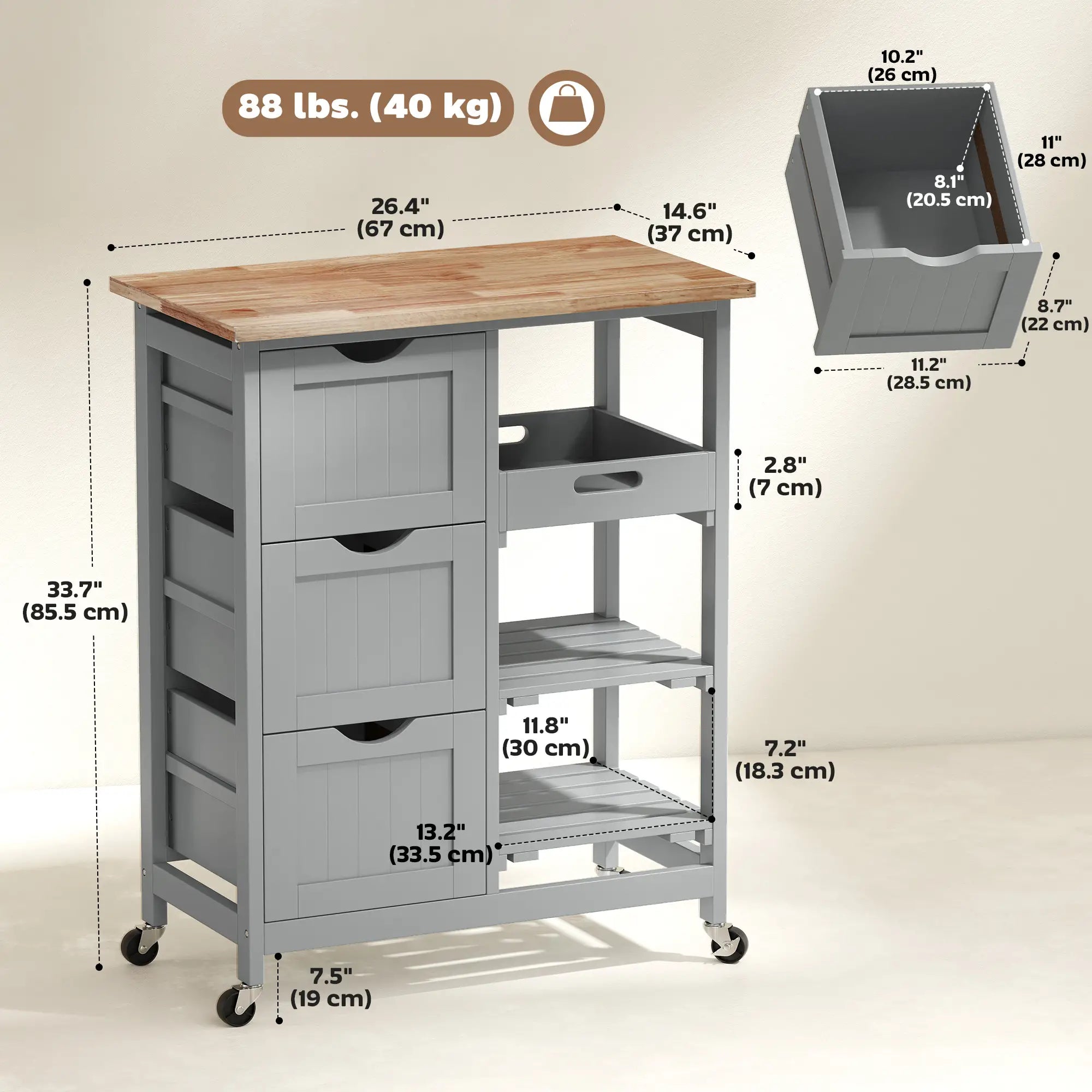 Kitchen Cart on Wheels, Wood Top, 3 Drawers, Shelves Kitchen Islands & Kitchen Carts at Gallery Canada
