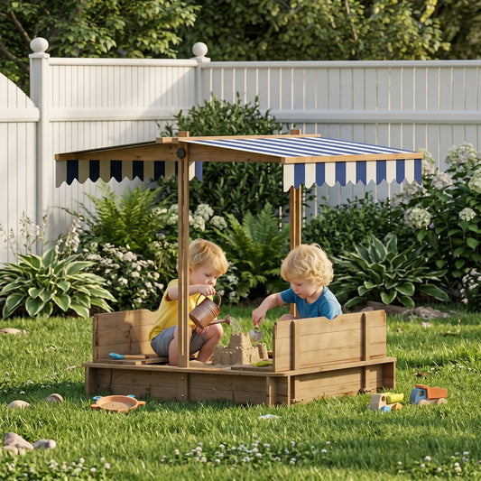 Wooden Kids Sandbox with Cover, Foldable Bench Seats, Adjustable Canopy, Red Sandboxes & Accessories Red, Blue and White Canopy at Gallery Canada