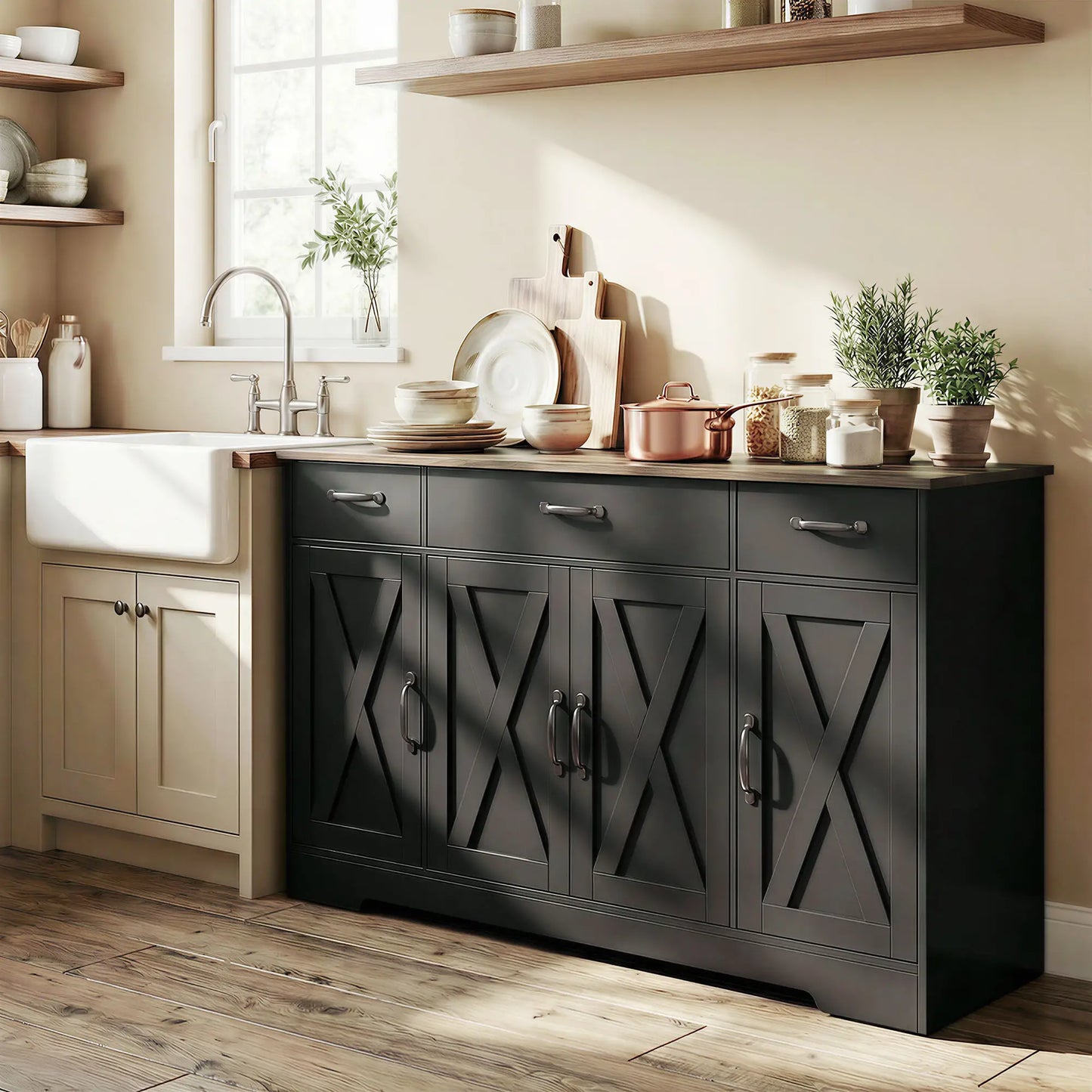 55" Sideboard Buffet Cabinet, Farmhouse Kitchen, 4 Barn Doors, 3 Drawers, Black Bar Cabinets at Gallery Canada