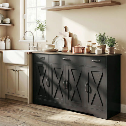 55" Sideboard Buffet Cabinet, Farmhouse Kitchen, 4 Barn Doors, 3 Drawers, Black Bar Cabinets at Gallery Canada
