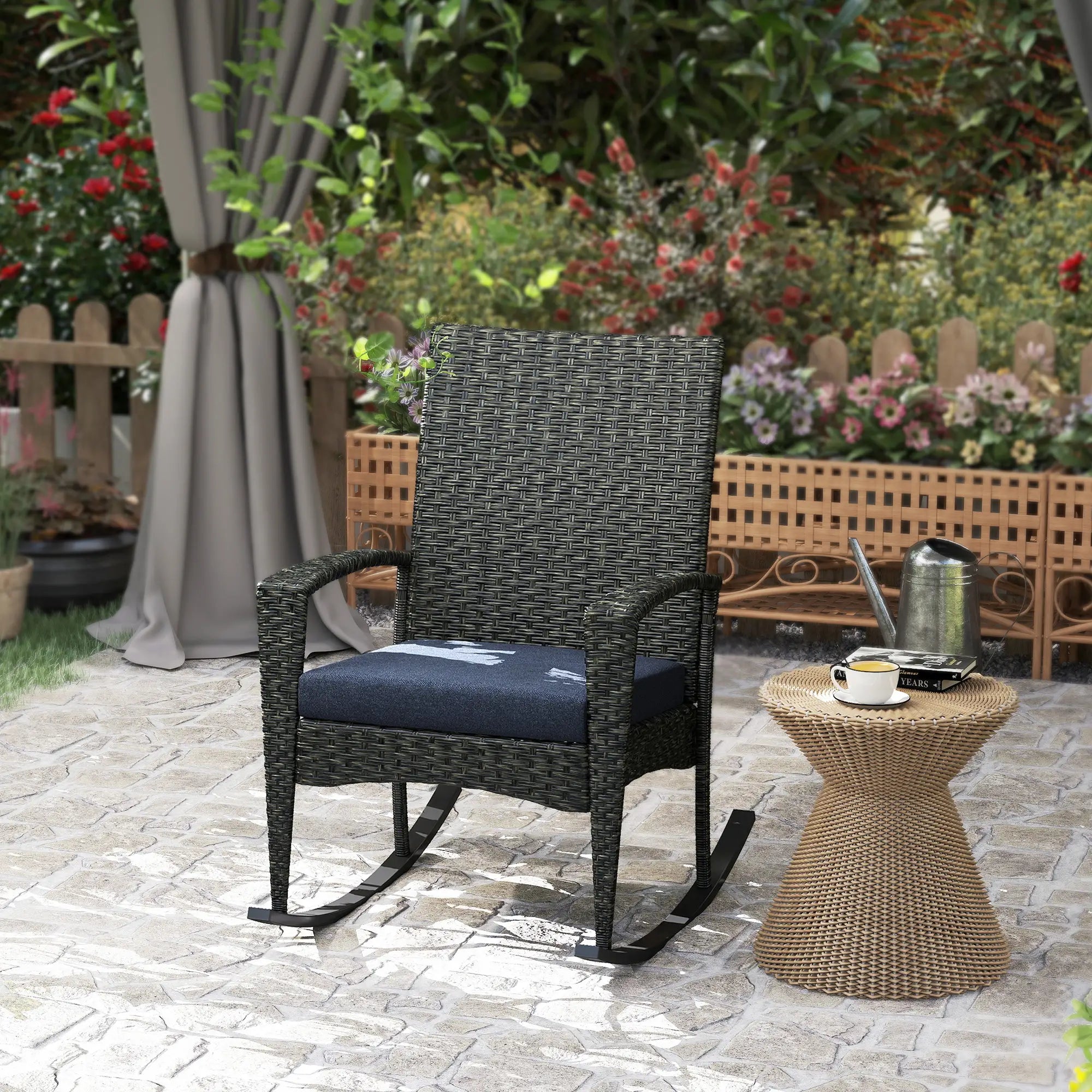Outdoor Rocking Chair, Patio Wicker Chair, Removable Cushion, Navy Blue Outdoor Rocking Chairs at Gallery Canada