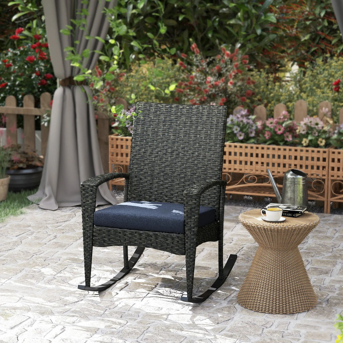 Outdoor Rocking Chair, Patio Wicker Chair, Removable Cushion, Navy Blue Outdoor Rocking Chairs at Gallery Canada