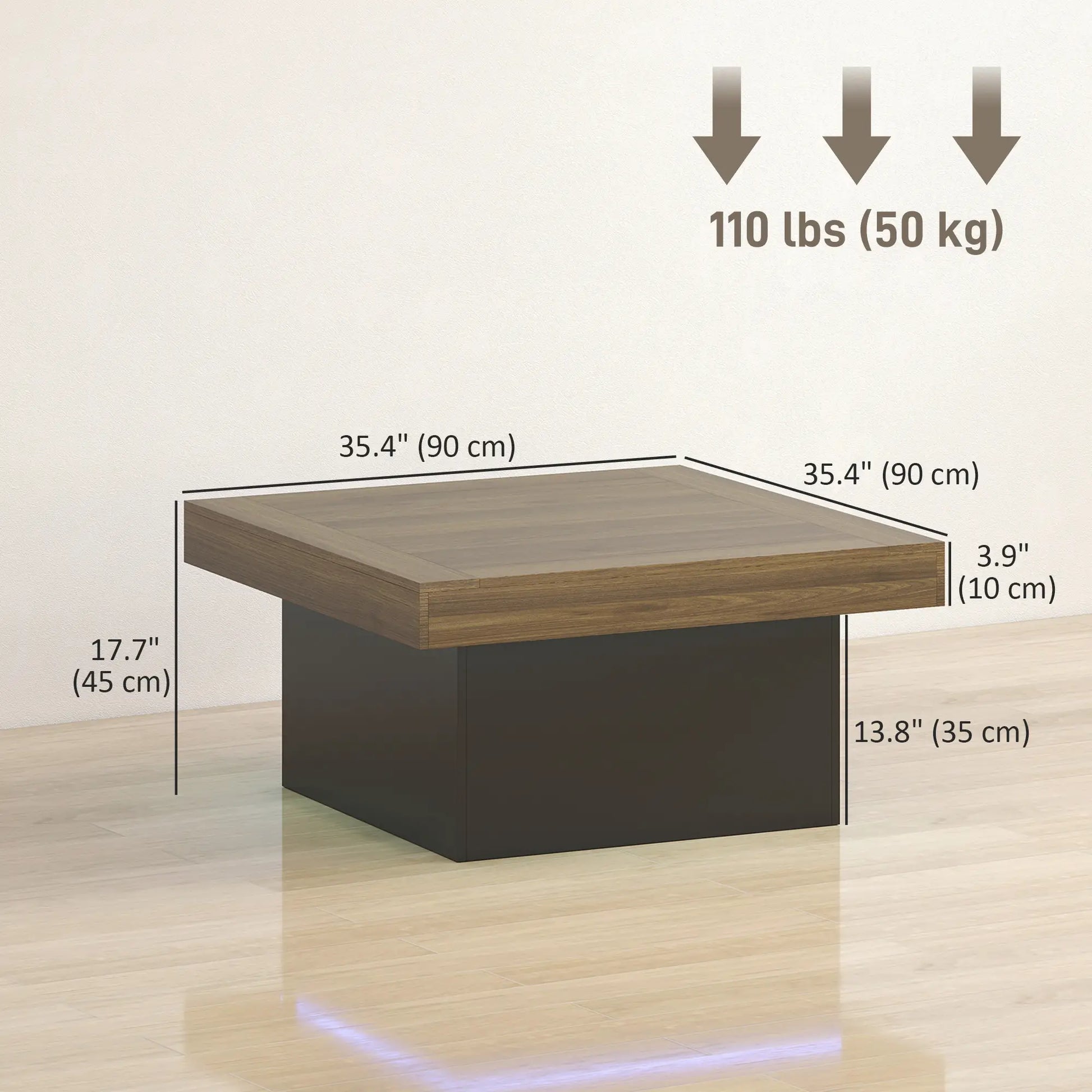 Square Coffee Table with LED Lights, 35-inch, Walnut Coffee Tables at Gallery Canada