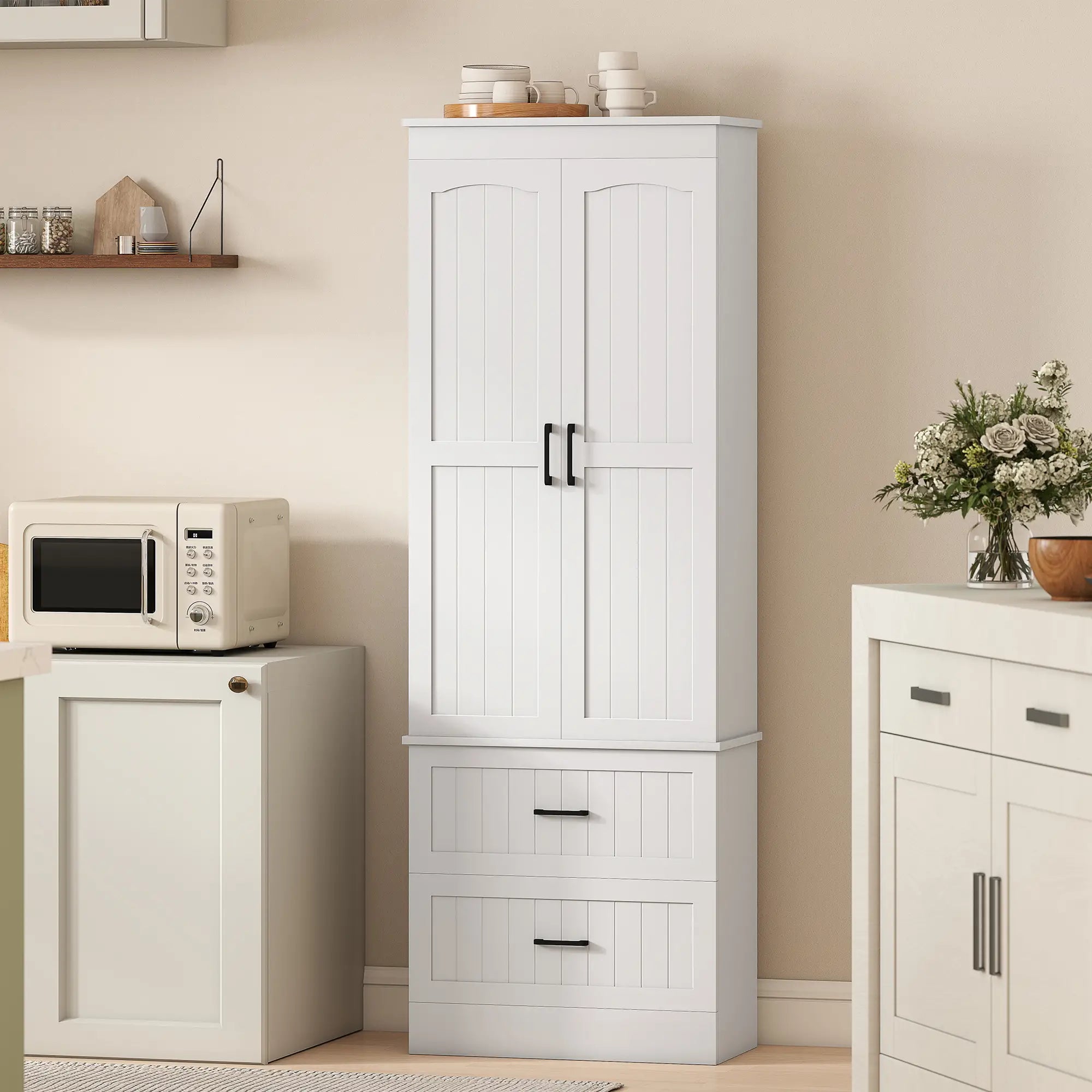 Tall Pantry Cabinet, 67 Inch, Adjustable Shelves, 2 Drawers, White Kitchen Pantry Cabinets at Gallery Canada