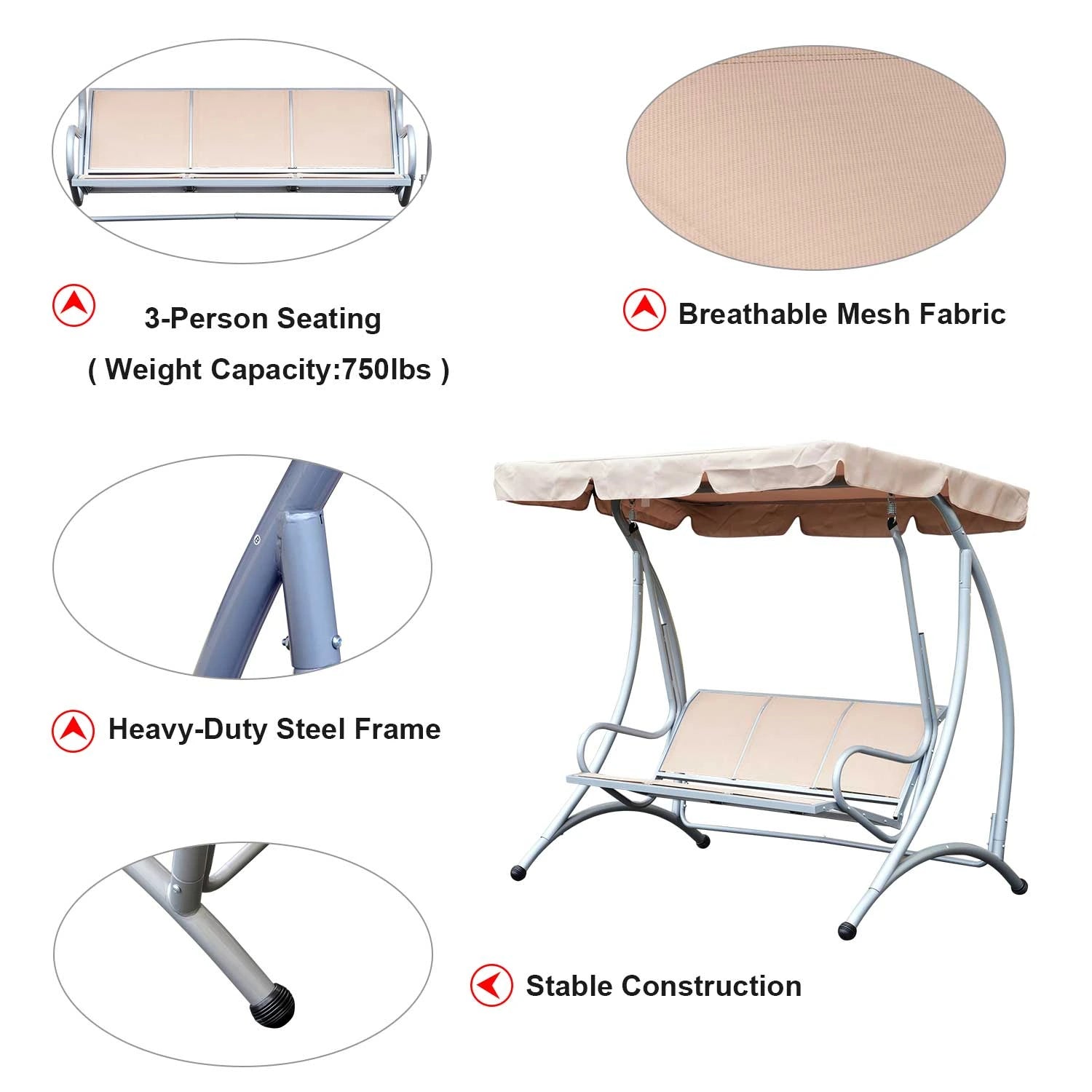 3 Seat Metal Swing Chair Hammock, Canopy Cover, Heavy Duty, Patio Garden Outdoor, Beige Patio Swings with Stand at Gallery Canada
