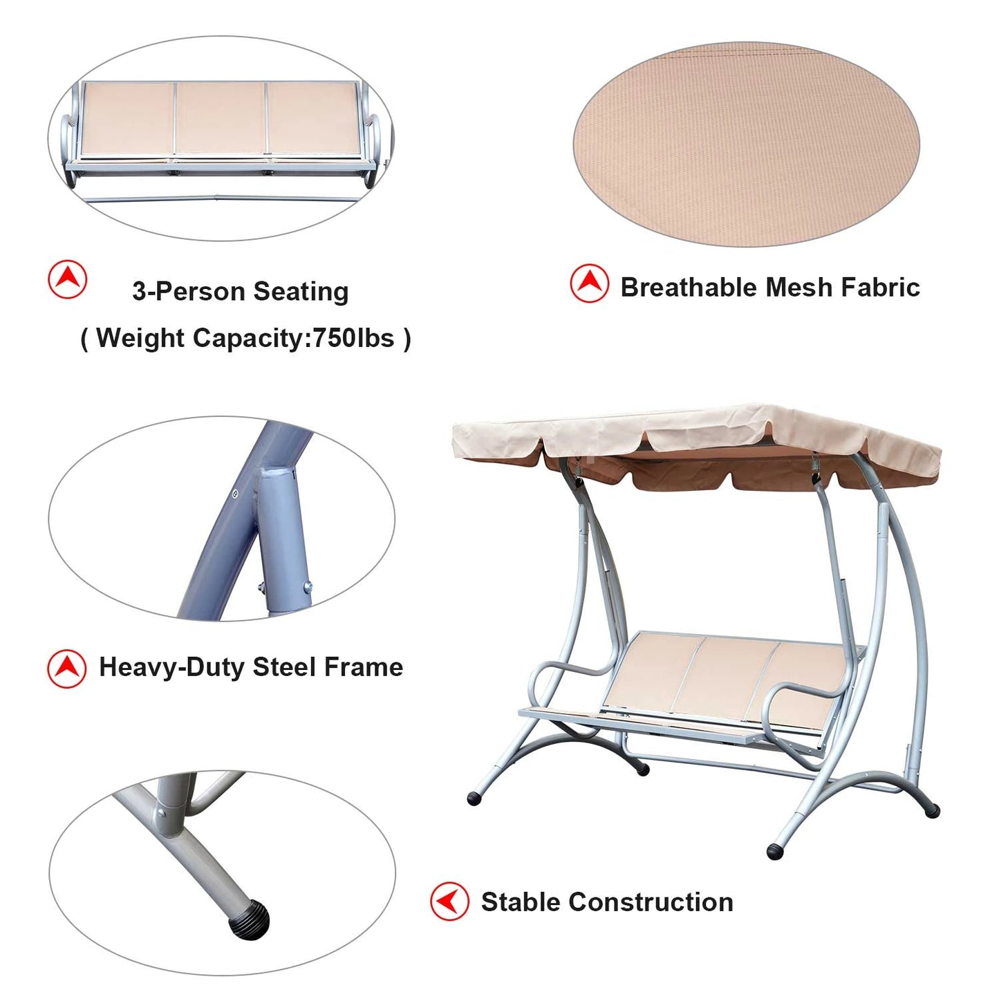 3 Seat Metal Swing Chair Hammock, Canopy Cover, Heavy Duty, Patio Garden Outdoor, Beige Patio Swings with Stand at Gallery Canada