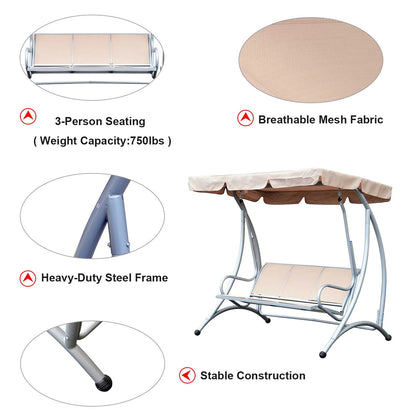 3 Seat Metal Swing Chair Hammock, Canopy Cover, Heavy Duty, Patio Garden Outdoor, Beige Patio Swings with Stand at Gallery Canada