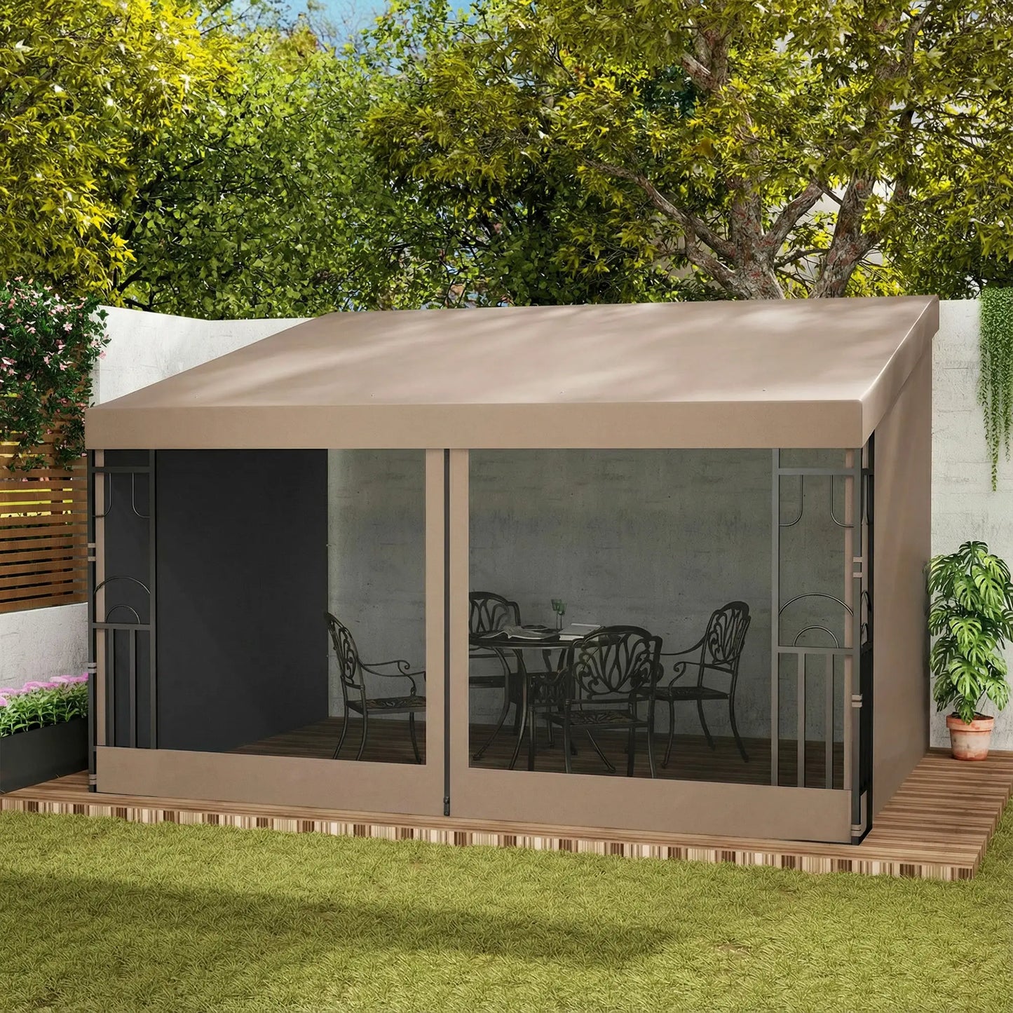 10' x 13' Wall Pergola, Outdoor Gazebo with Curtains, Nettings, Khaki Pergolas at Gallery Canada