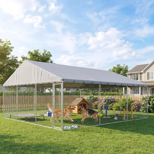 Galvanized Steel Dog Kennel With Roof, 19.7' x 14.8' x 7.9'