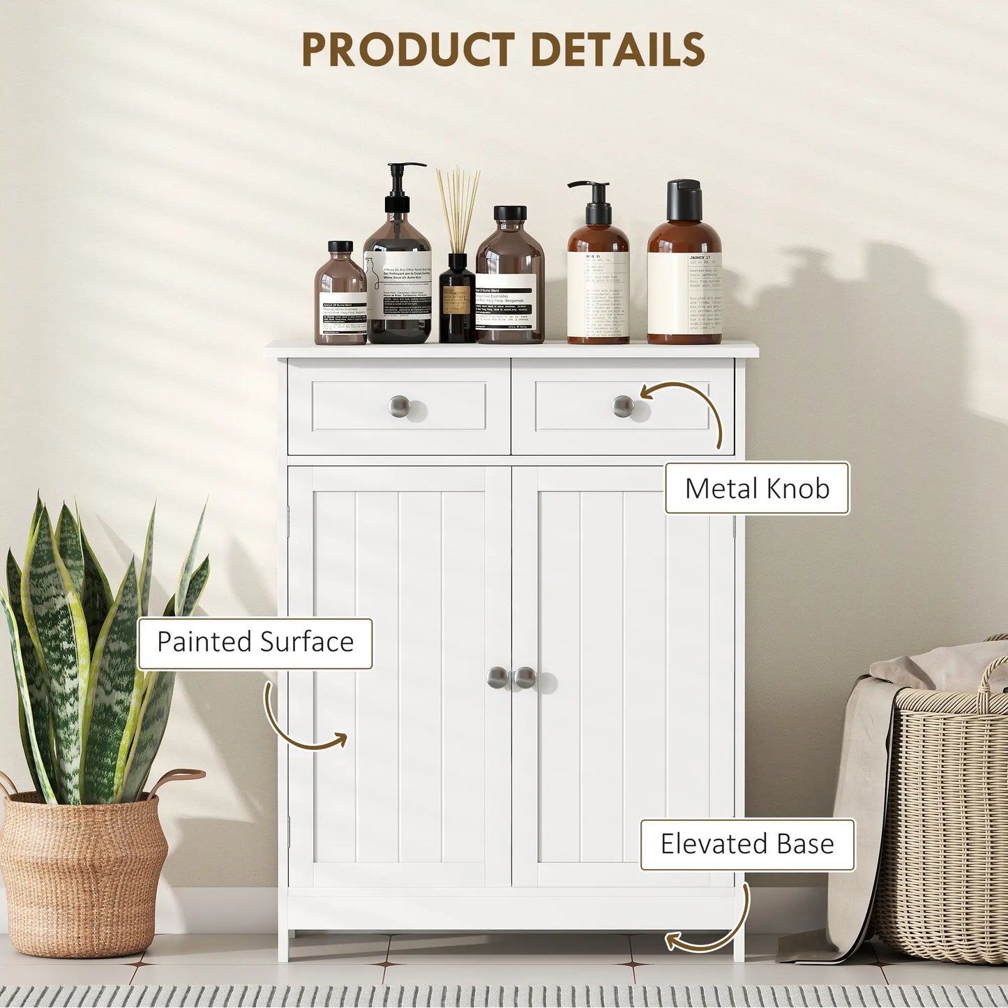 Freestanding Bathroom Cabinet, 2 Door, 2 Drawers, Adjustable Shelf, White Bathroom Cabinets at Gallery Canada