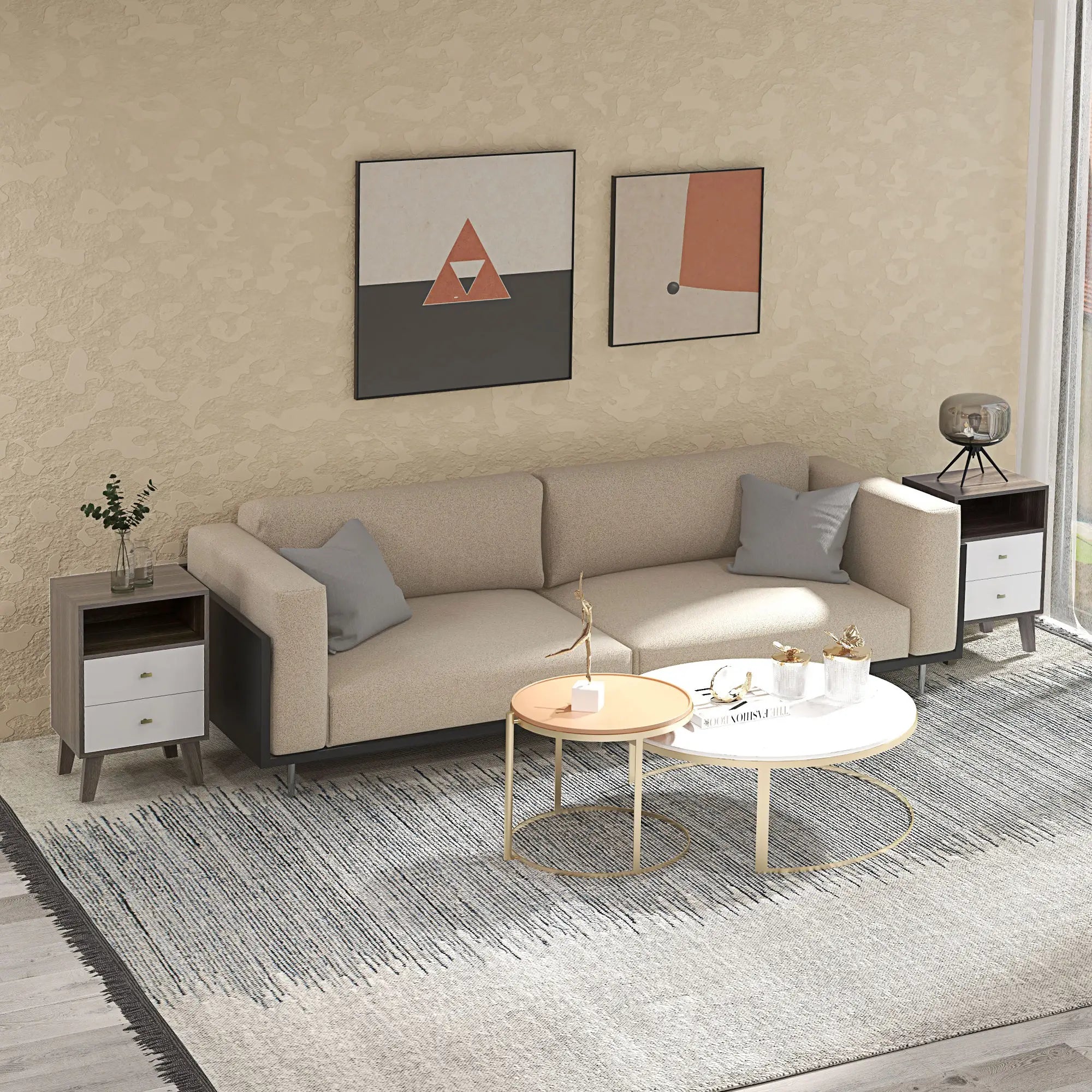 Modern Nightstand Set of 2, 3 Drawers, Open Storage, Grey Bedside Tables at Gallery Canada