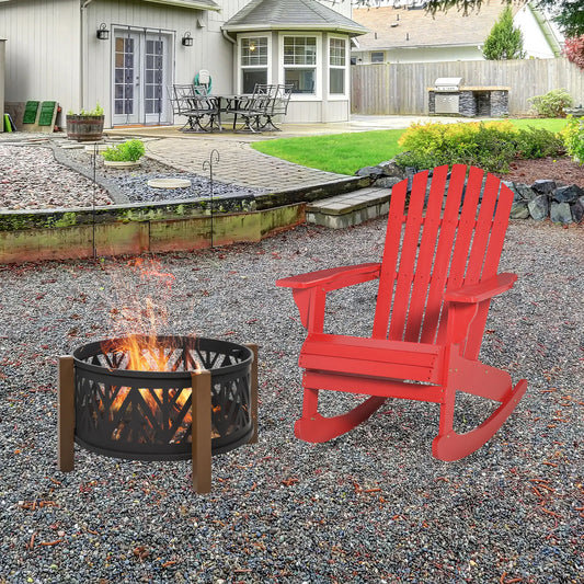 Wooden Adirondack Rocking Chair, Slatted Design, Fanned Back, Rustic, Red Outdoor Rocking Chairs Red at Gallery Canada
