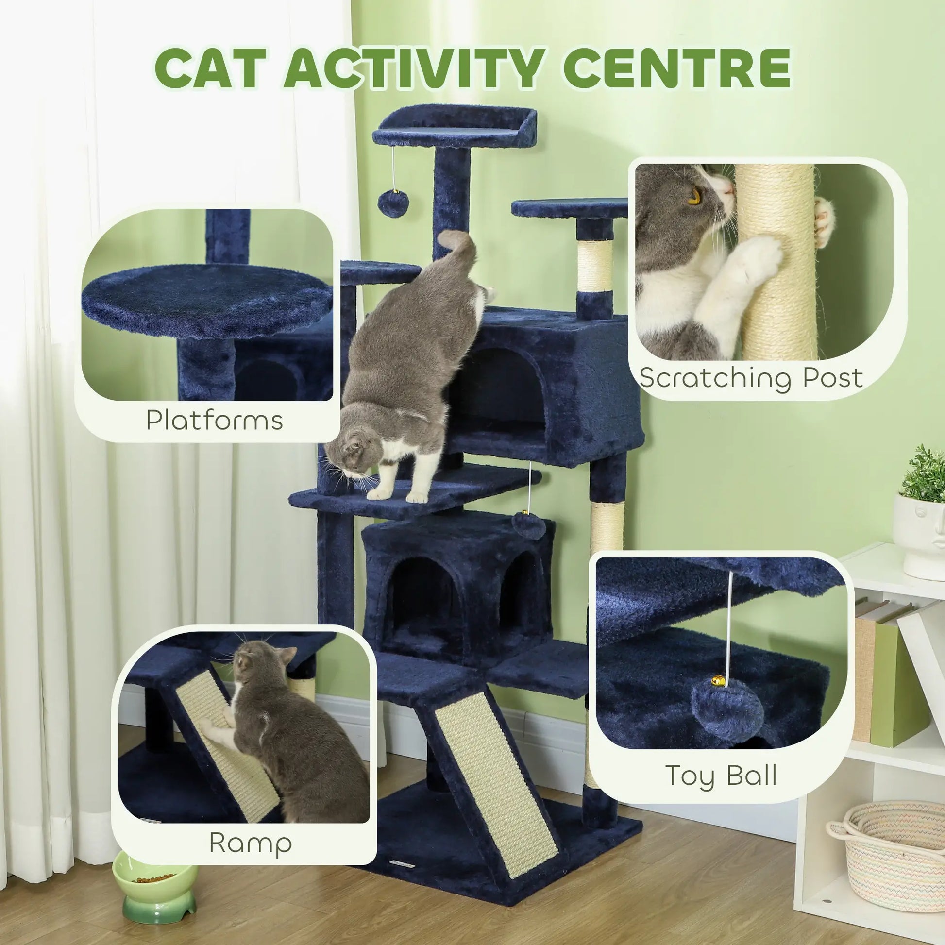 54" Cat Tree, Multi-Level Tower, Scratching Posts, Condos, Bed, Dark Blue Cat Towers at Gallery Canada