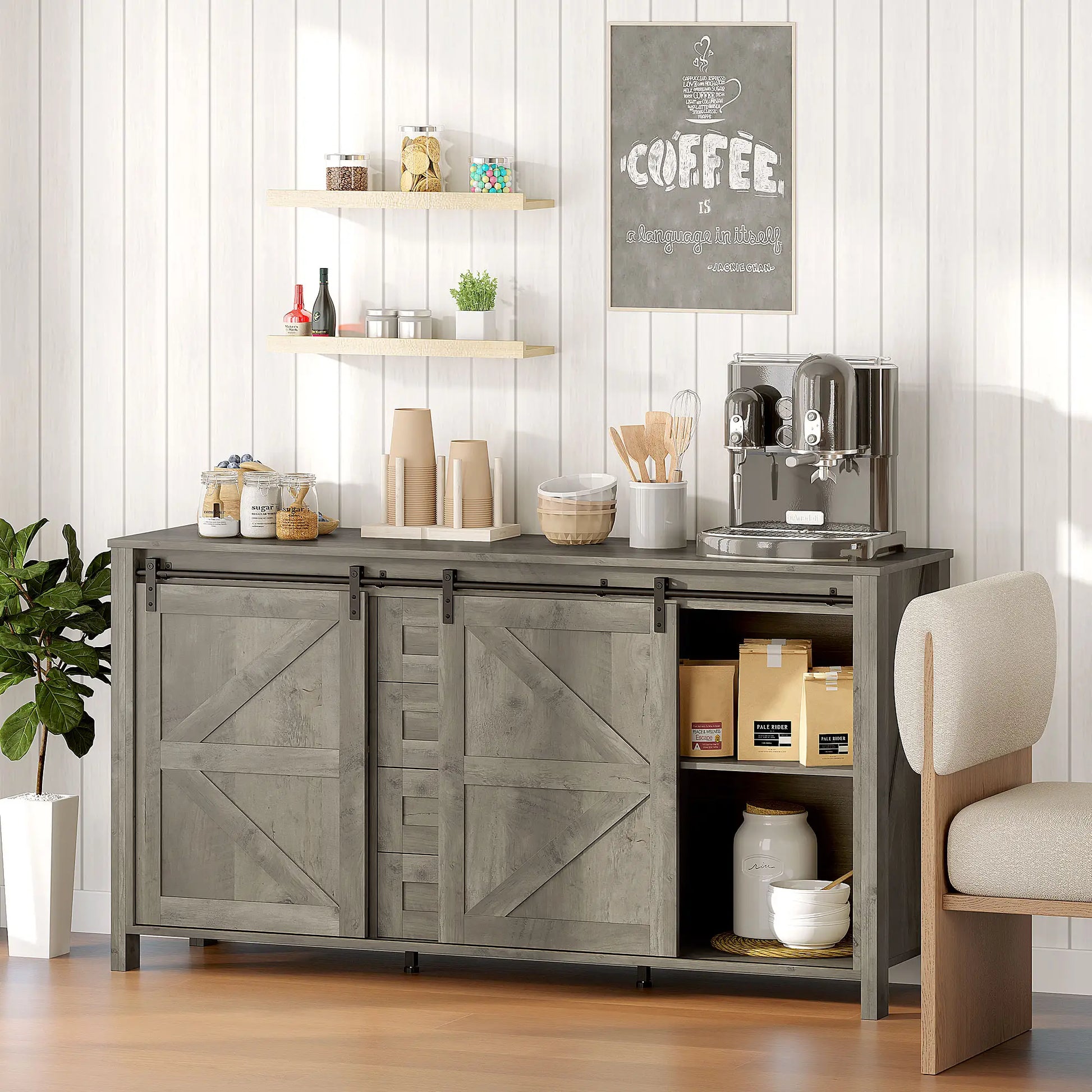 60" Buffet Cabinet, Farmhouse Sideboard, Sliding Barn Doors, Light Grey Bar Cabinets at Gallery Canada