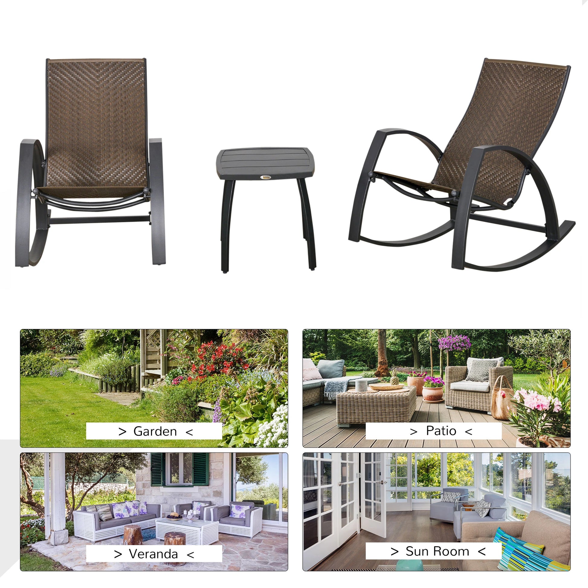 3 Pc Patio Wicker Rocking Chair Set, Outdoor PE Rattan, Brown Outdoor Rocking Chairs at Gallery Canada